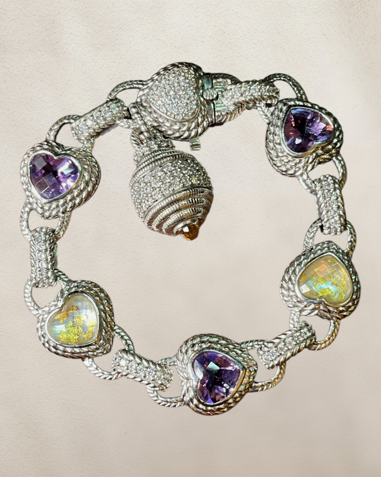 Judith Ripka Sterling Silver Mother of Pearl & Amethyst Doublet Heart's Gemstone Bracelet with Rope Textured Design - Estate Sale (Great Condition)