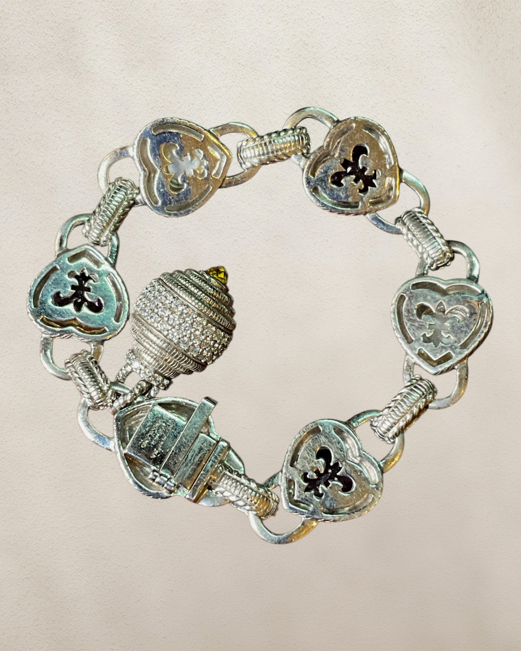 Judith Ripka Sterling Silver Mother of Pearl & Amethyst Doublet Heart's Gemstone Bracelet with Rope Textured Design - Estate Sale (Great Condition)