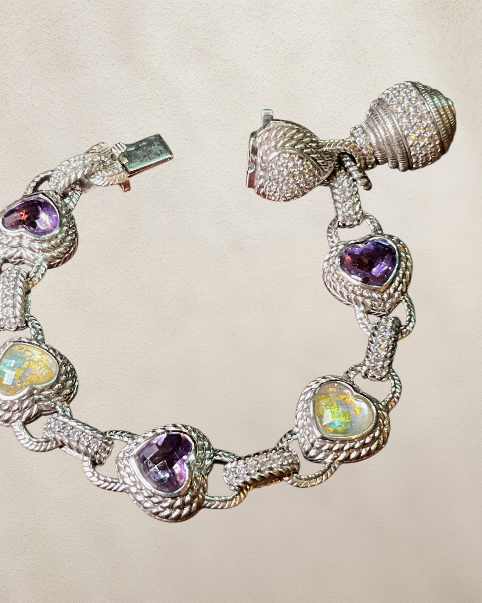 Judith Ripka Sterling Silver Mother of Pearl & Amethyst Doublet Heart's Gemstone Bracelet with Rope Textured Design - Estate Sale (Great Condition)