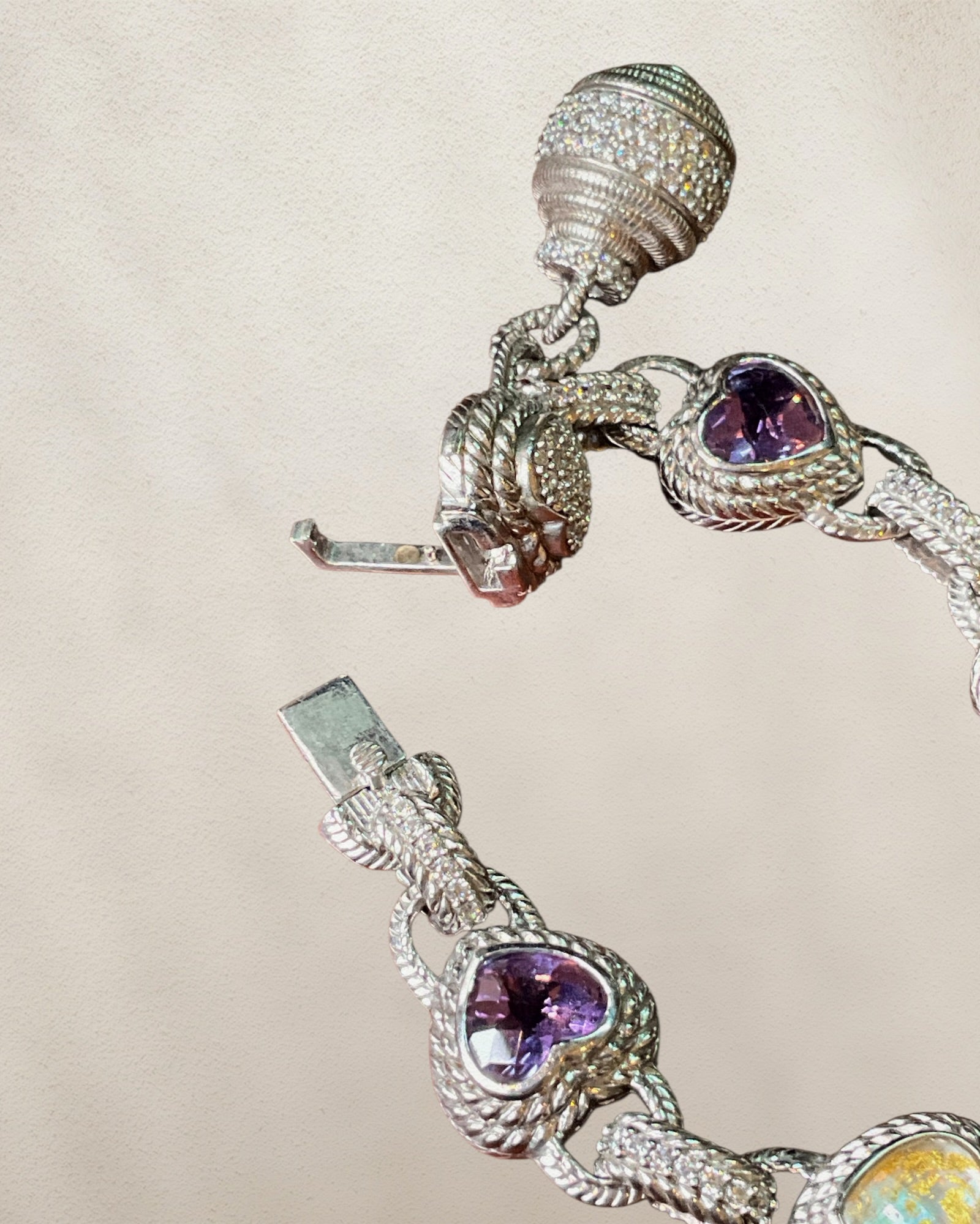 Judith Ripka Sterling Silver Mother of Pearl & Amethyst Doublet Heart's Gemstone Bracelet with Rope Textured Design - Estate Sale (Great Condition)