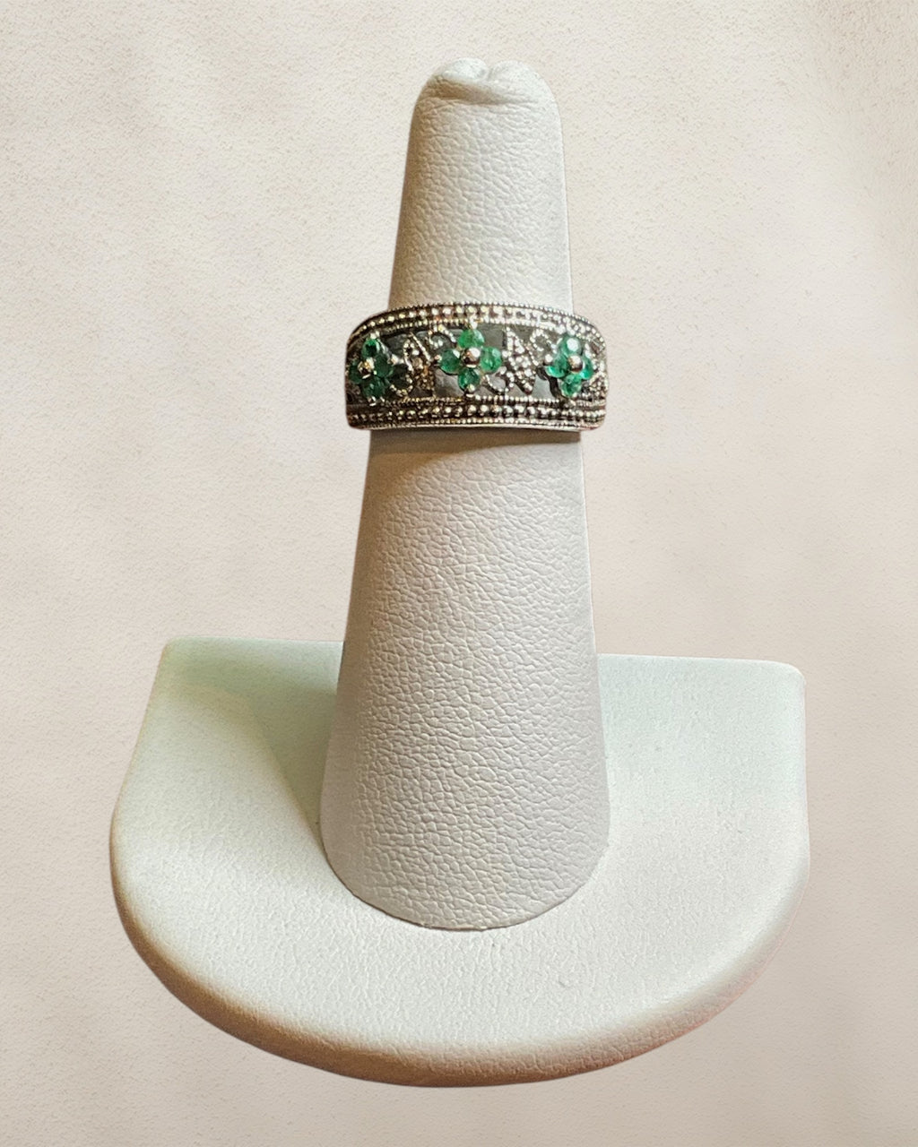 Quatrefoil Milgrain Sterling Silver Emerald & Diamond Ring - Estate Sale (Great Condition)