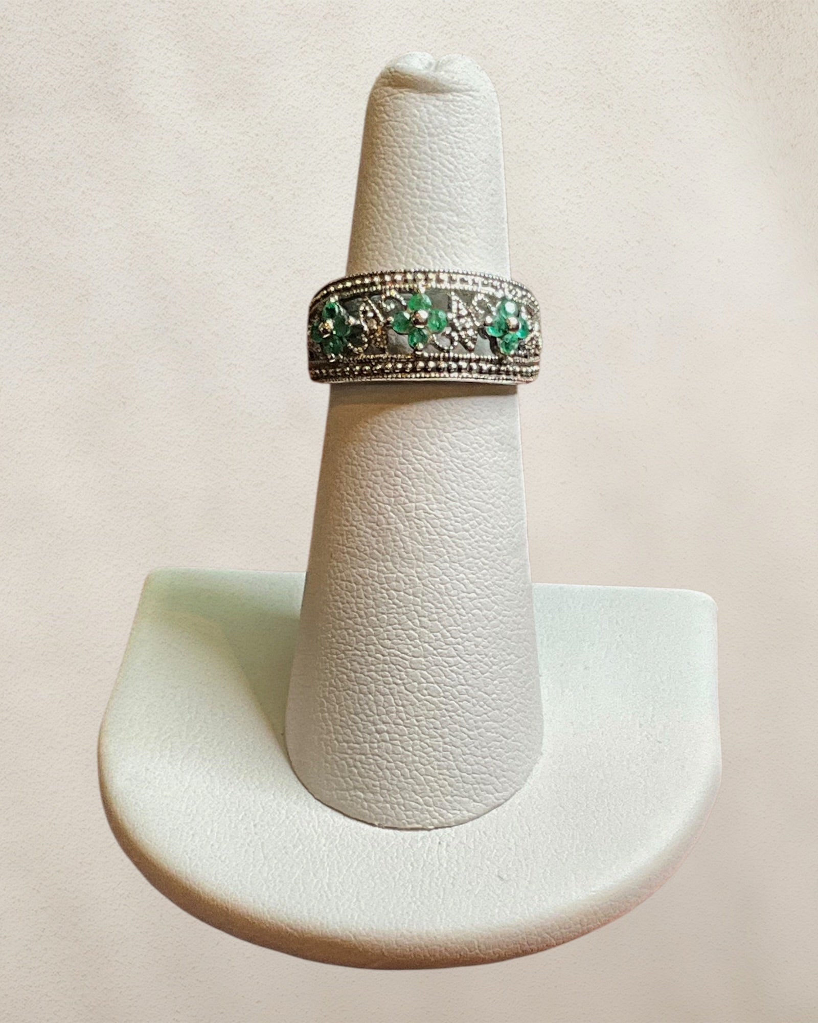Quatrefoil Milgrain Sterling Silver Emerald & Diamond Ring - Estate Sale (Great Condition)
