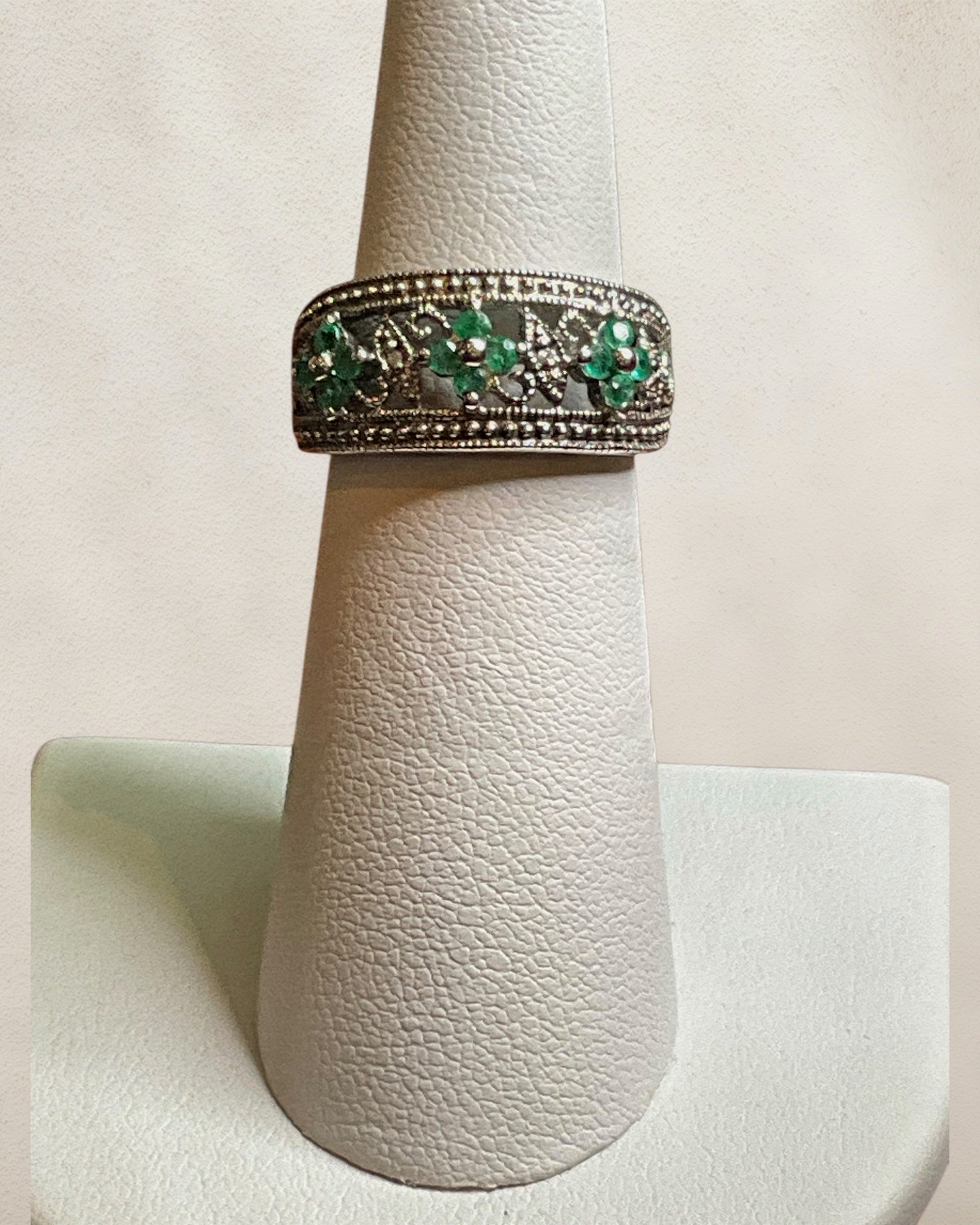 Quatrefoil Milgrain Sterling Silver Emerald & Diamond Ring - Estate Sale (Great Condition)