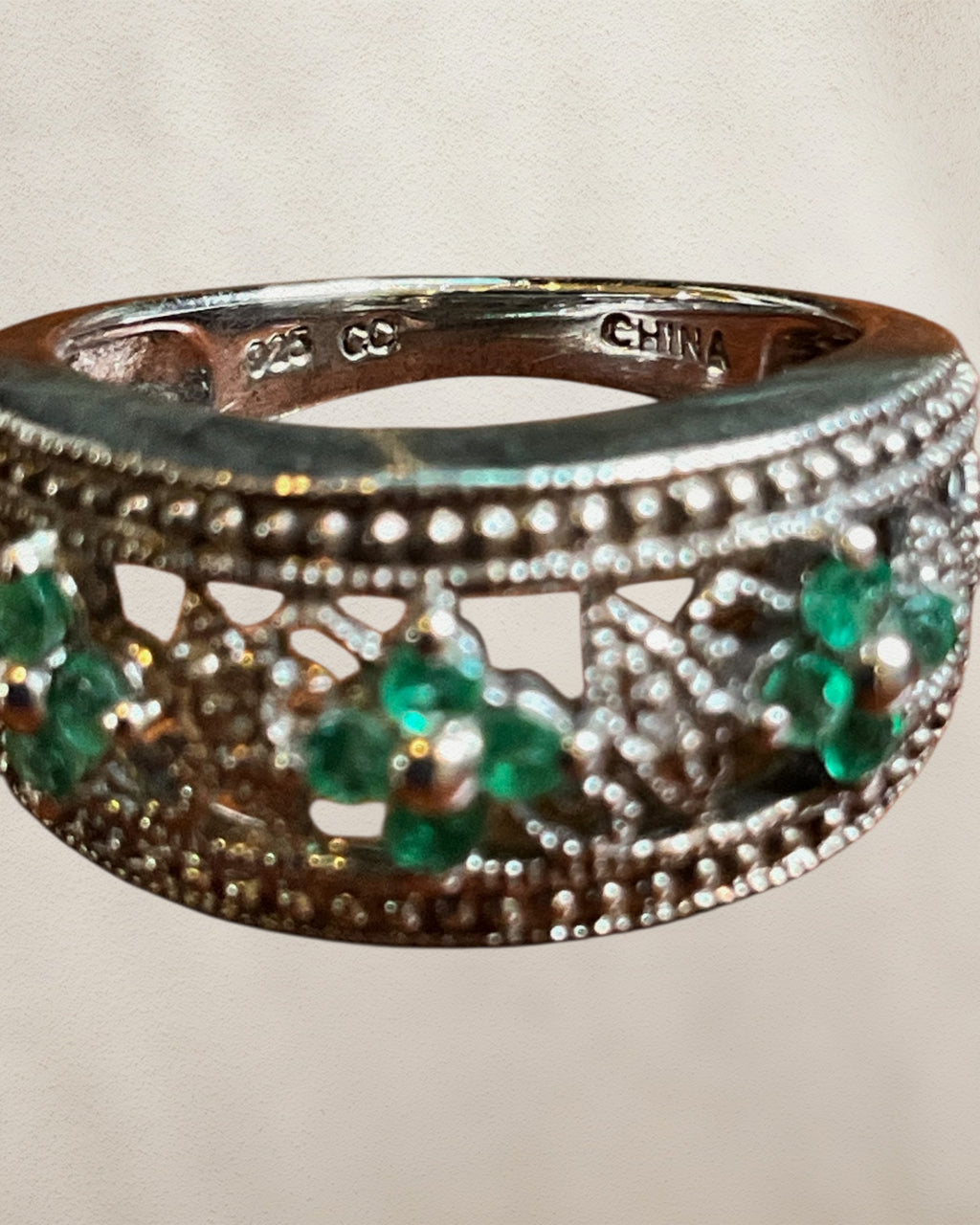 Quatrefoil Milgrain Sterling Silver Emerald & Diamond Ring - Estate Sale (Great Condition)