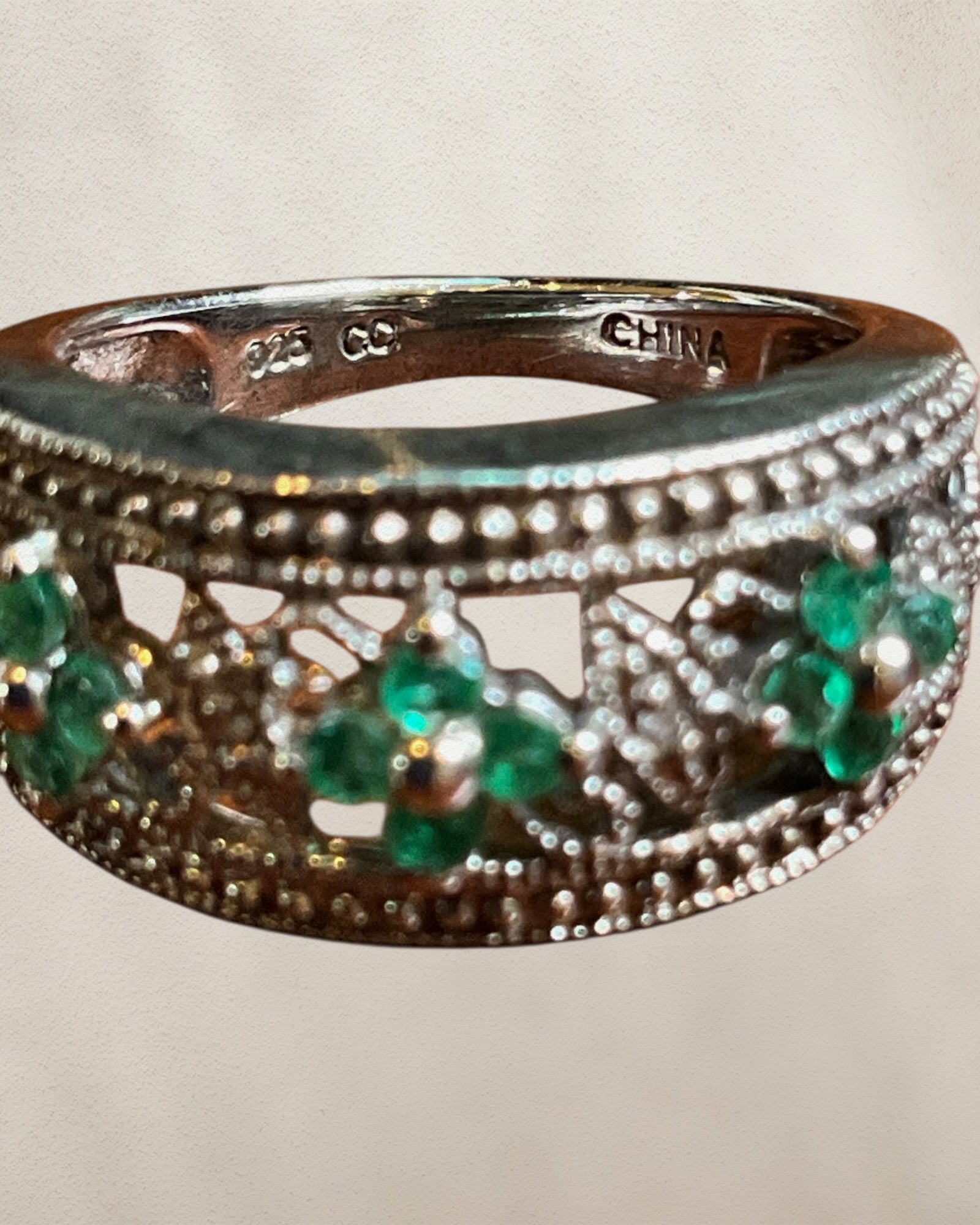 Quatrefoil Milgrain Sterling Silver Emerald & Diamond Ring - Estate Sale (Great Condition)