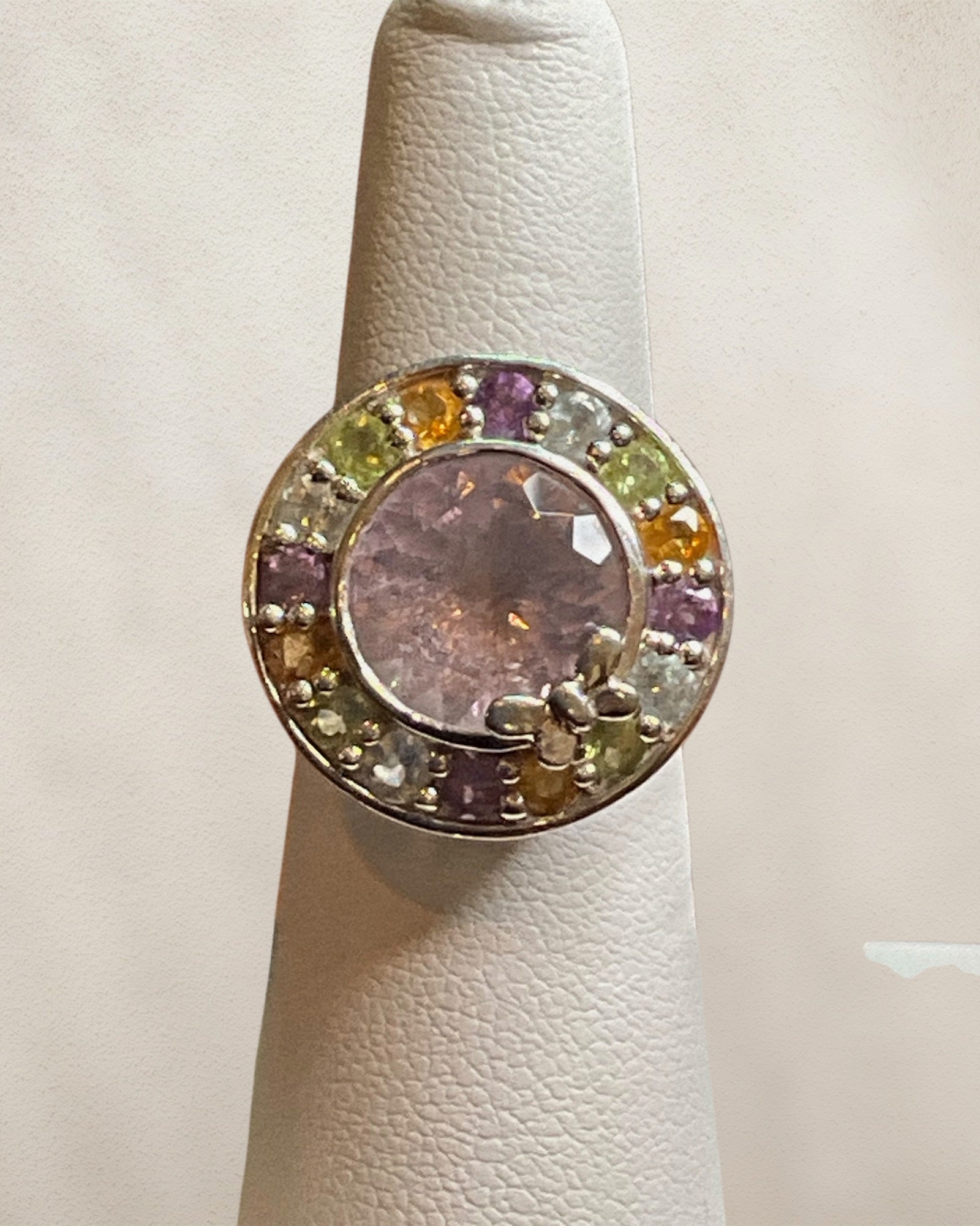 Sterling Silver Amethyst, Peridot, Blue Topaz & Citrine Cluster Ring - Estate Sale (Great Condition)