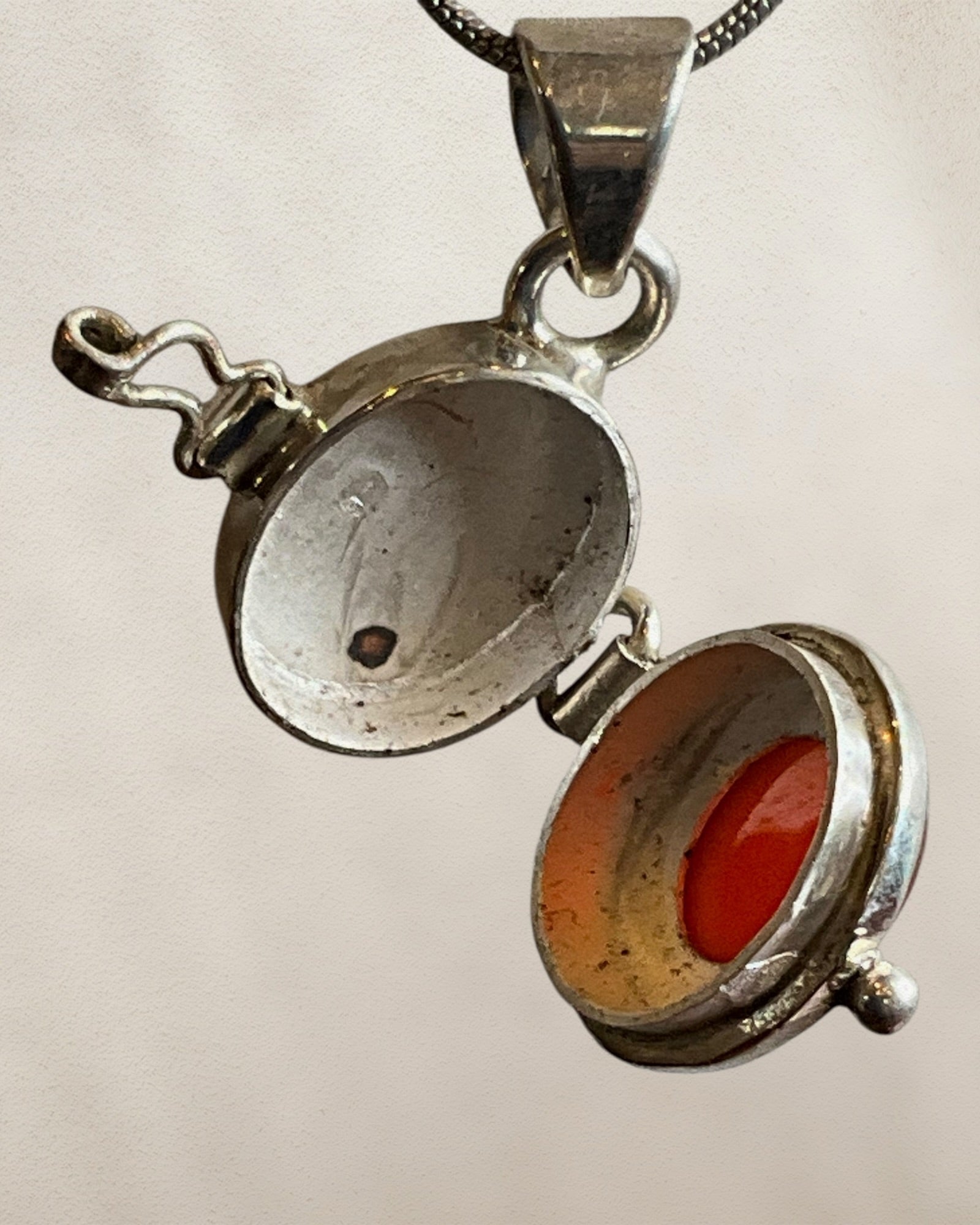 Sterling Silver Carnelian Locket with 24” Snake Chain - Estate Sale (Great Condition)