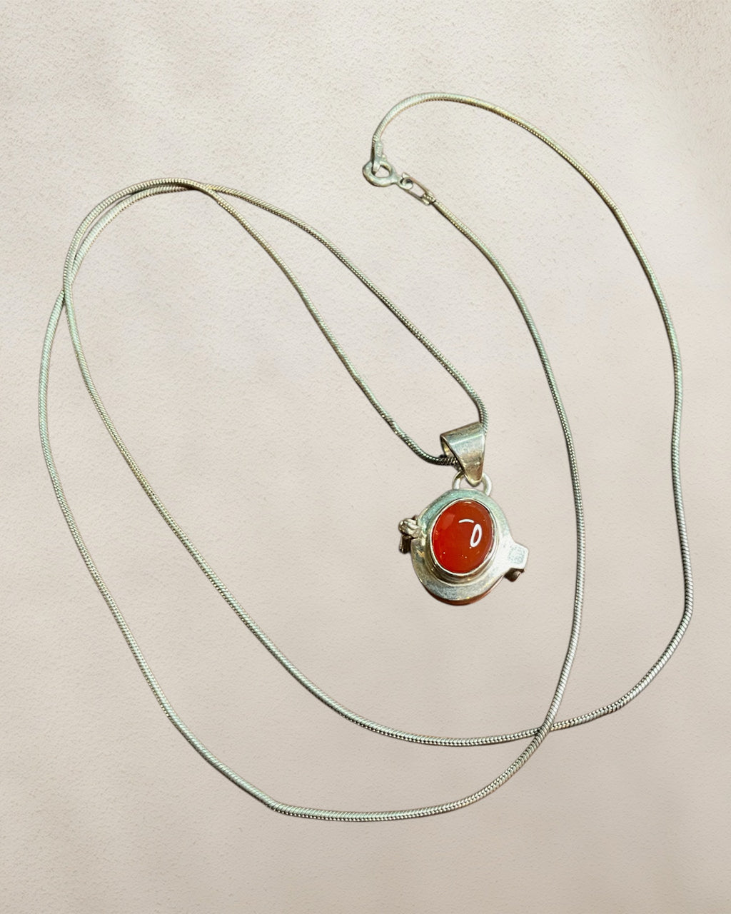 Sterling Silver Carnelian Locket with 24” Snake Chain - Estate Sale (Great Condition)