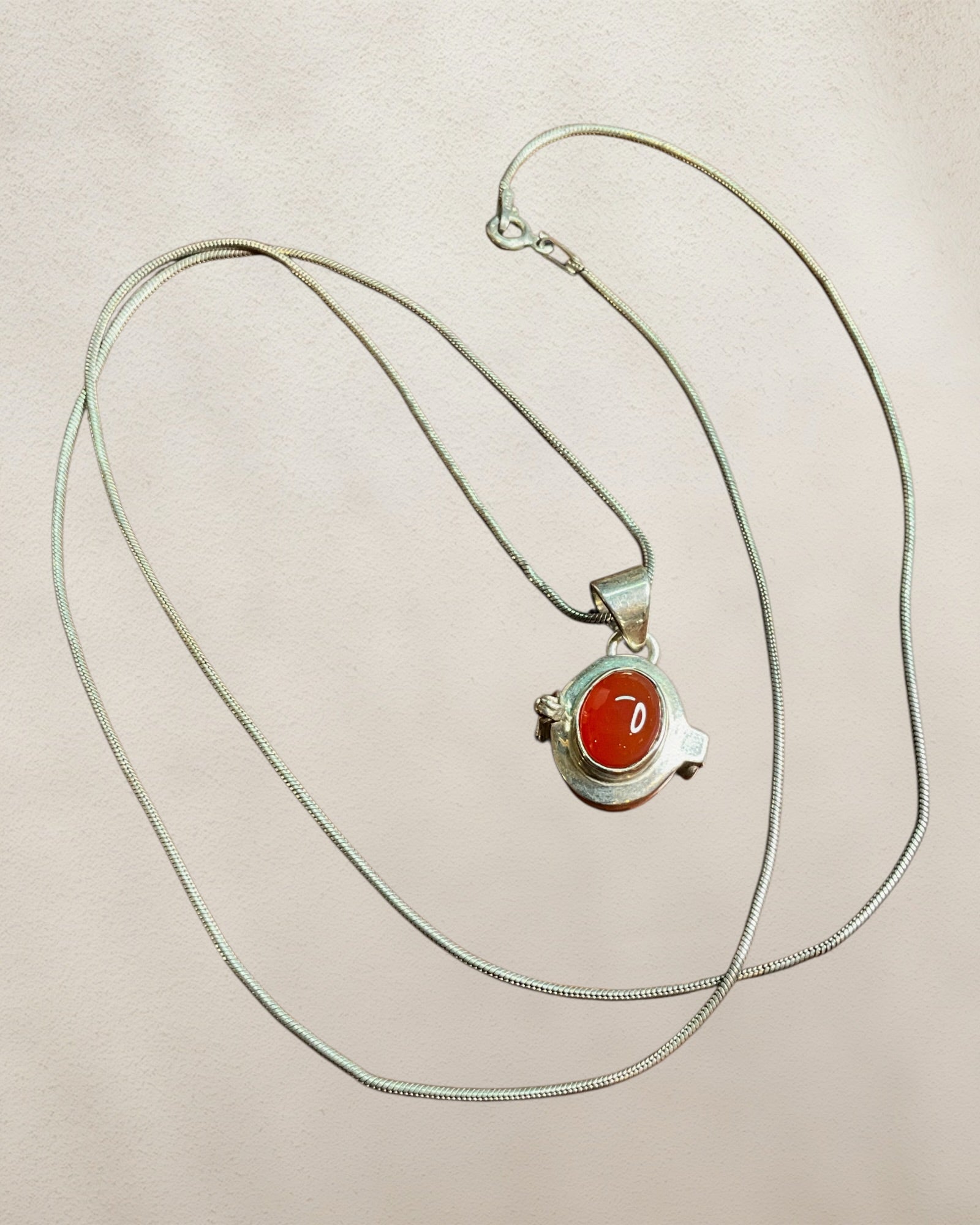 Sterling Silver Carnelian Locket with 24” Snake Chain - Estate Sale (Great Condition)