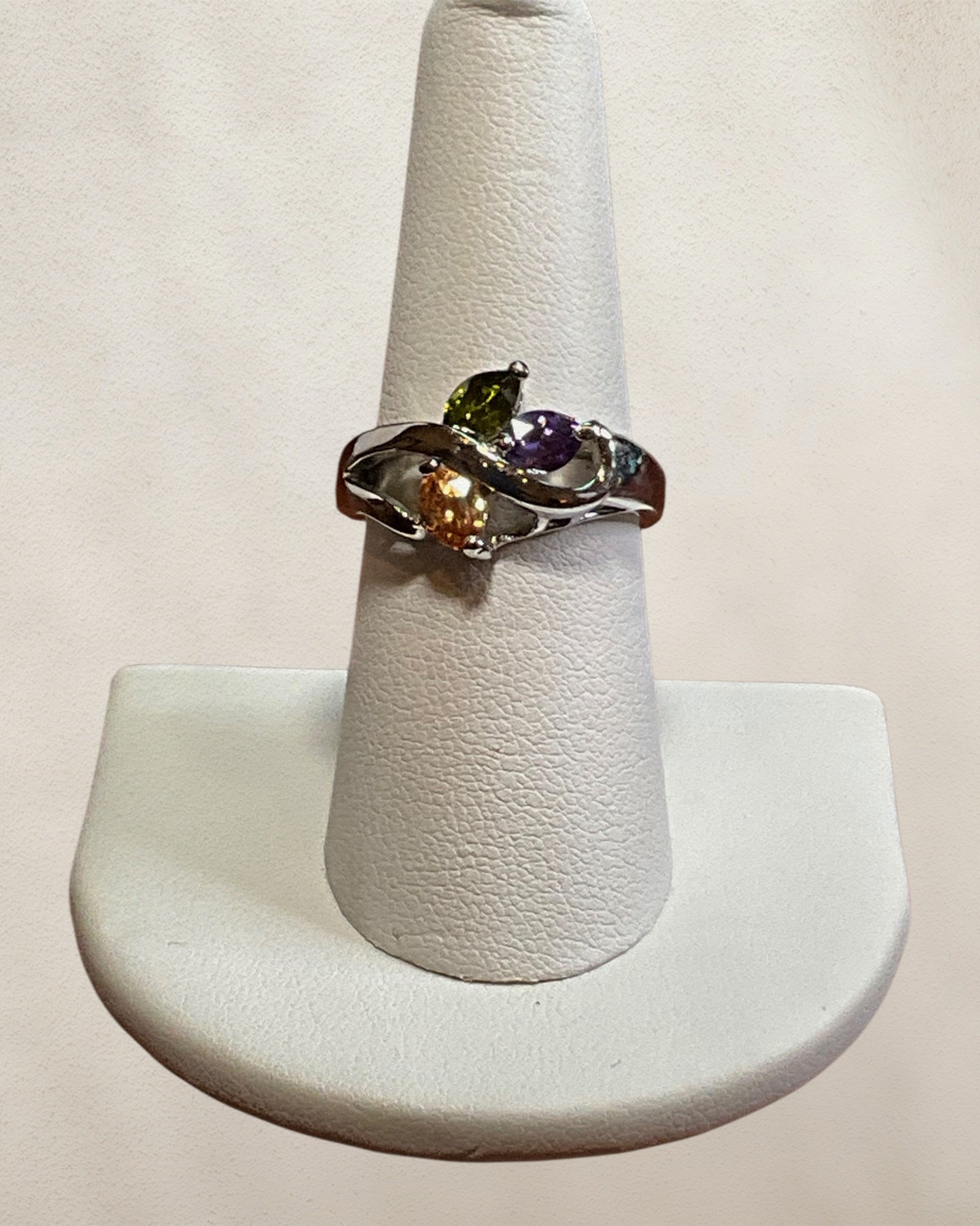 Silver Tone Amethyst, Peridot & Citrine Gemstone Ring - Estate Sale (Great Condition)