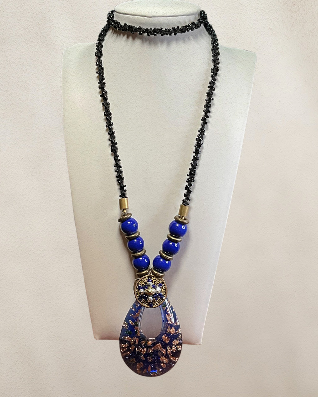 Bohemian Style Glass Pendant Necklace with Blue & Black Beads - Estate Sale (Great Condition)