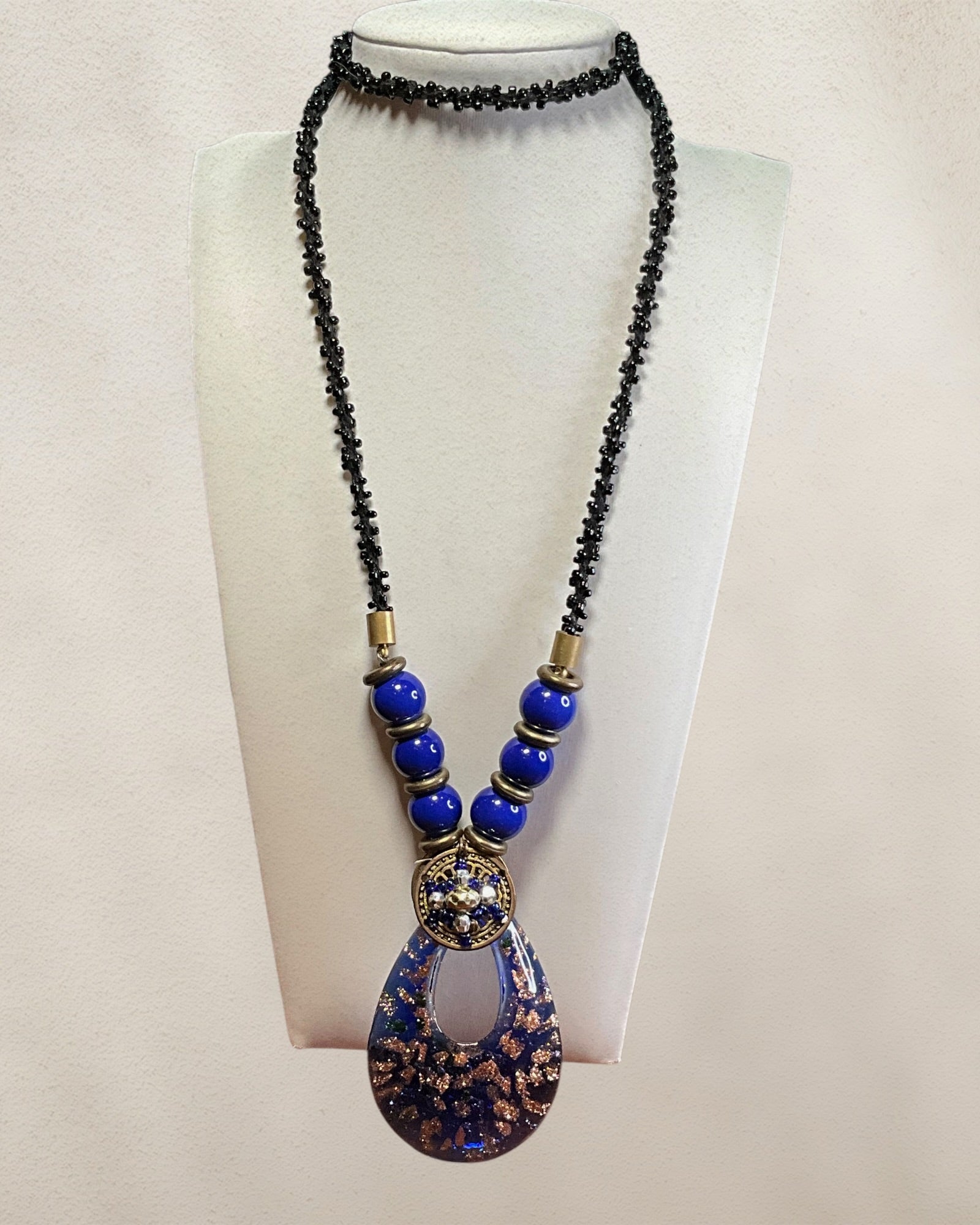 Bohemian Style Glass Pendant Necklace with Blue & Black Beads - Estate Sale (Great Condition)