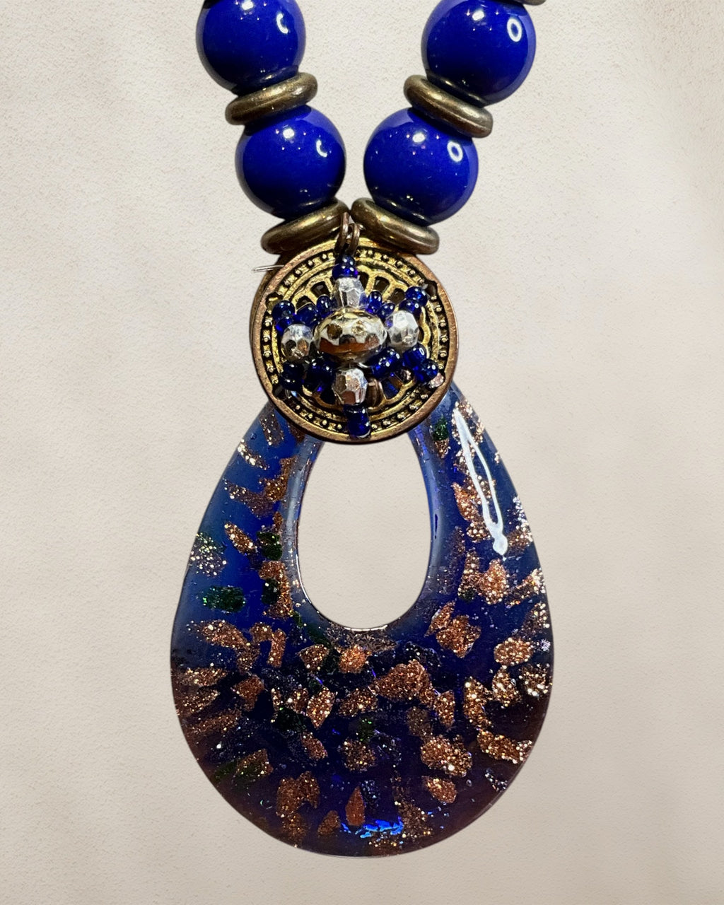 Bohemian Style Glass Pendant Necklace with Blue & Black Beads - Estate Sale (Great Condition)