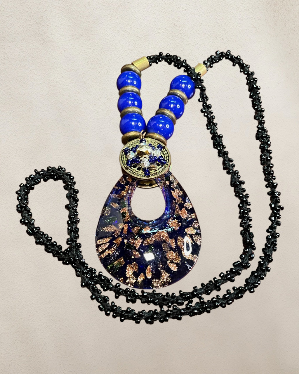 Bohemian Style Glass Pendant Necklace with Blue & Black Beads - Estate Sale (Great Condition)