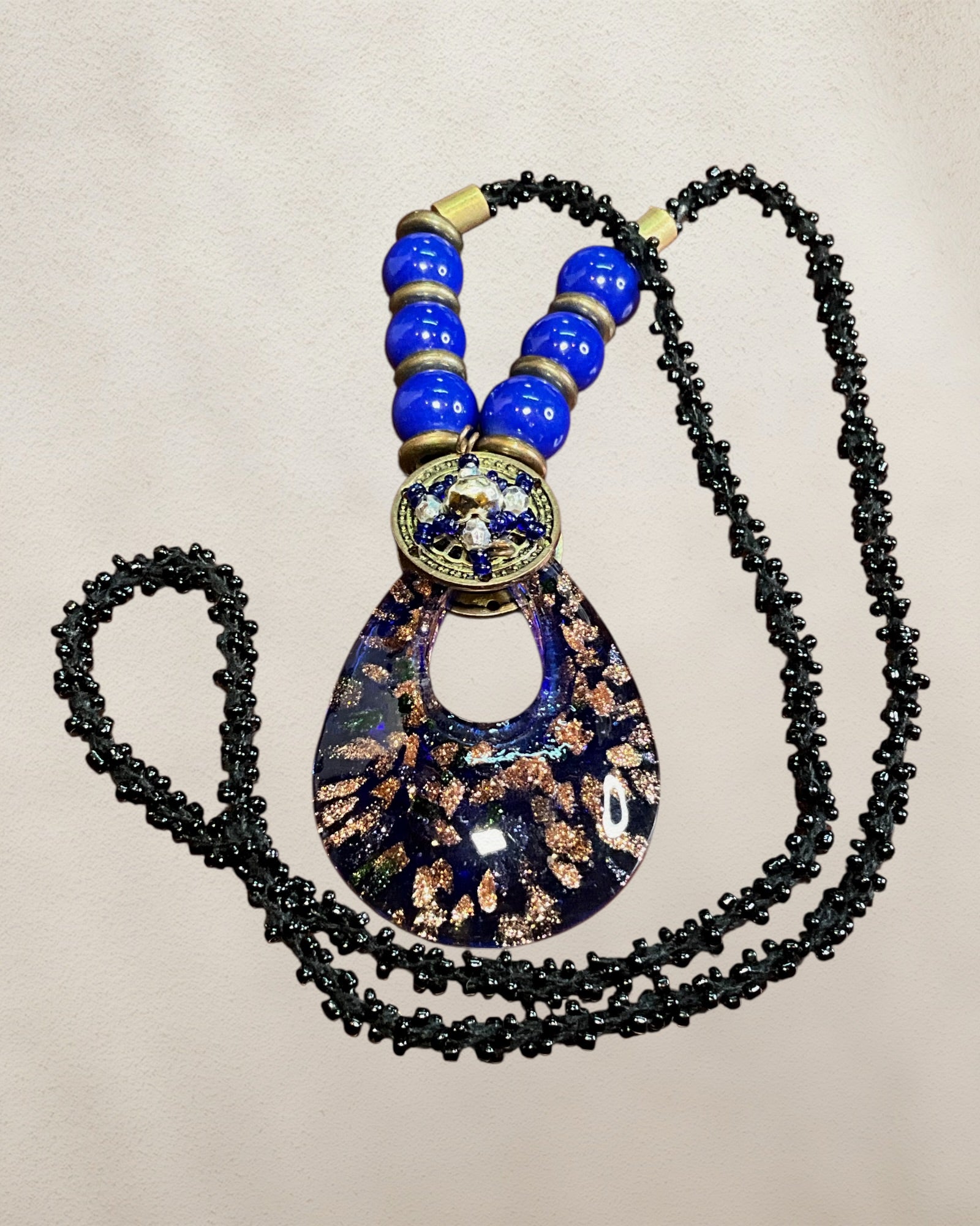 Bohemian Style Glass Pendant Necklace with Blue & Black Beads - Estate Sale (Great Condition)