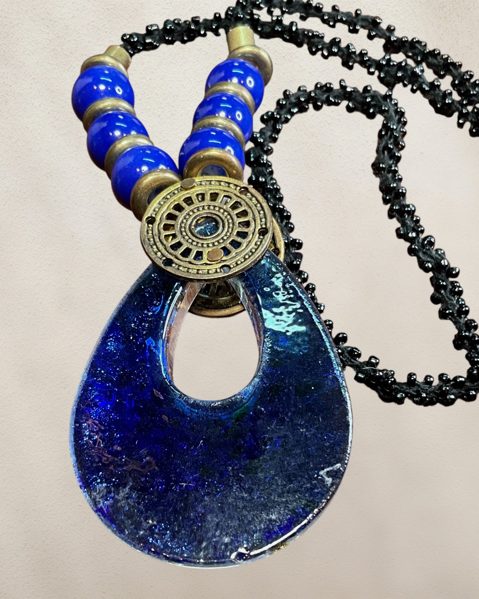 Bohemian Style Glass Pendant Necklace with Blue & Black Beads - Estate Sale (Great Condition)