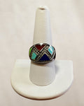 Sterling Silver Vintage Multi stone Ring with Natural Blue Turquoise, Lapis Lazuli, Gaspeite, Red Jasper, Black Onyx and White Topaz - Estate Sale (Great Condition)