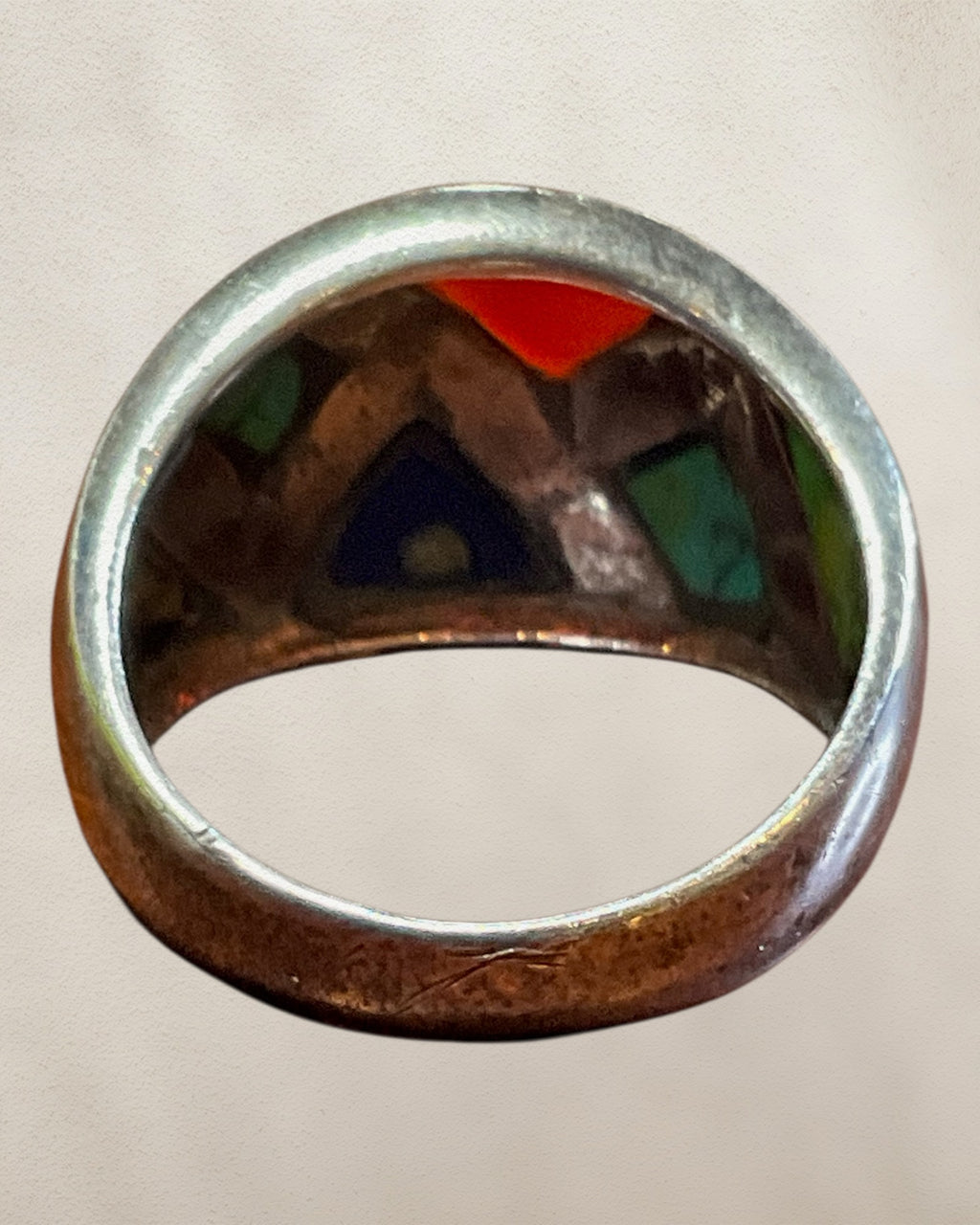 Sterling Silver Vintage Multi stone Ring with Natural Blue Turquoise, Lapis Lazuli, Gaspeite, Red Jasper, Black Onyx and White Topaz - Estate Sale (Great Condition)