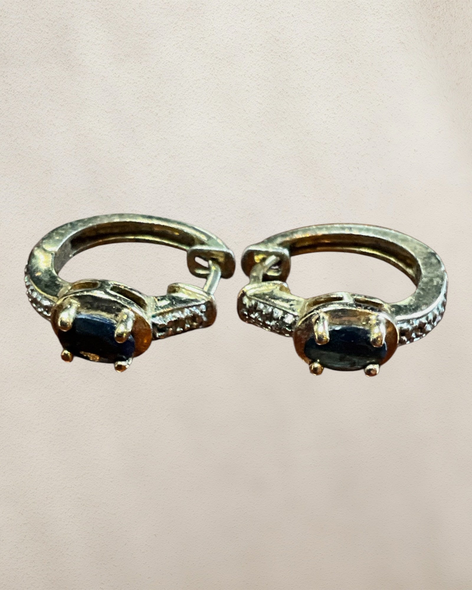 Ross Simmons Gold Over Sterling Silver Blue Sapphire Huggie Earrings - Estate Sale (Great Condition)