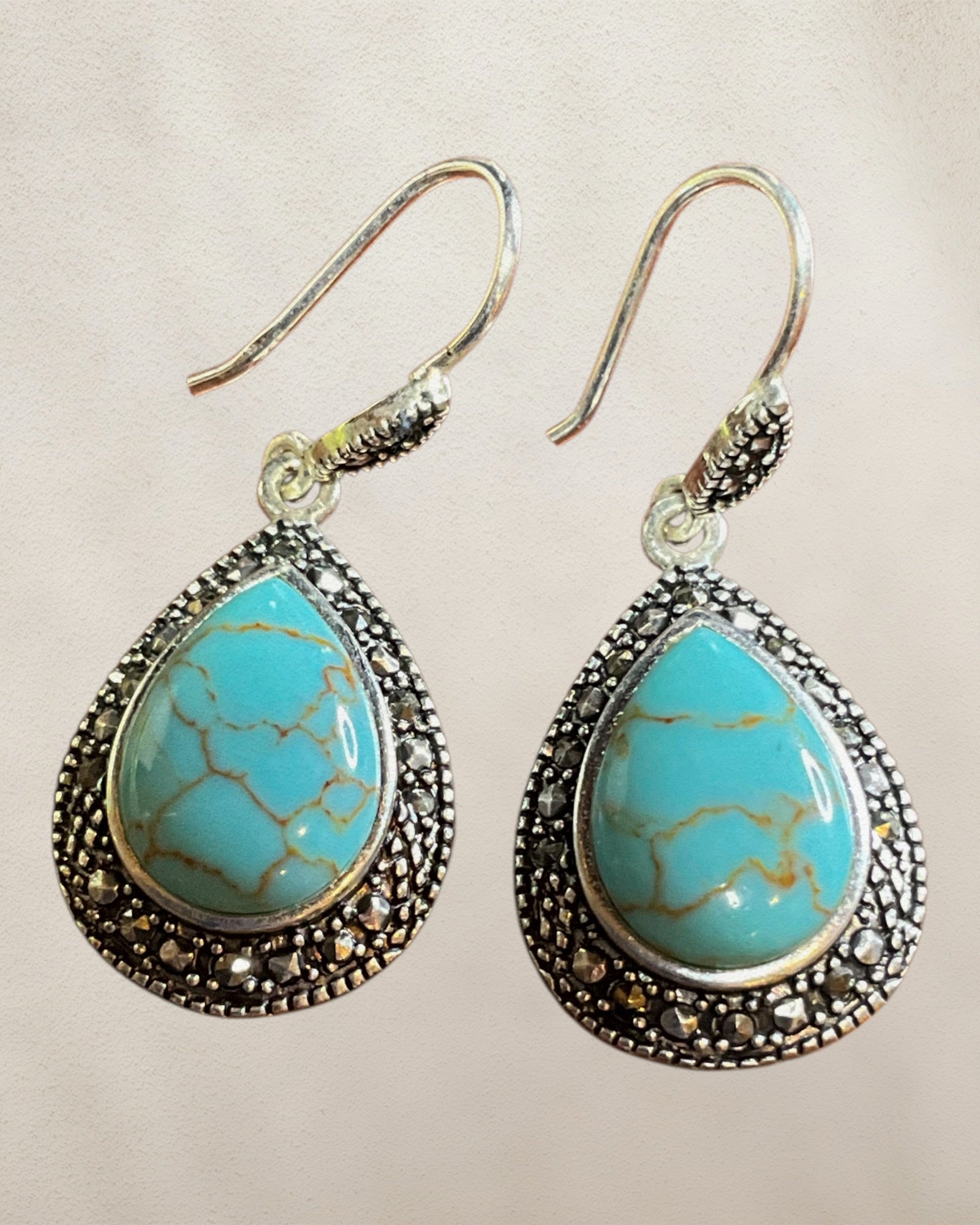 Sterling Silver Turquoise & Marcasite Dangle Earrings - Estate Sale (Great Condition)