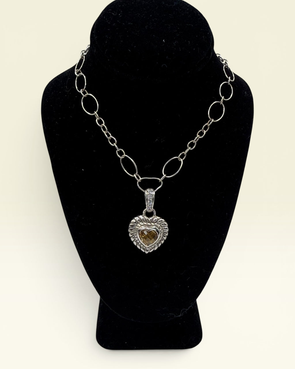 Judith Ripka Sterling Silver 925 Texture Link with Large Citrine Heart Pendant - Estate Sale (Great Condition)