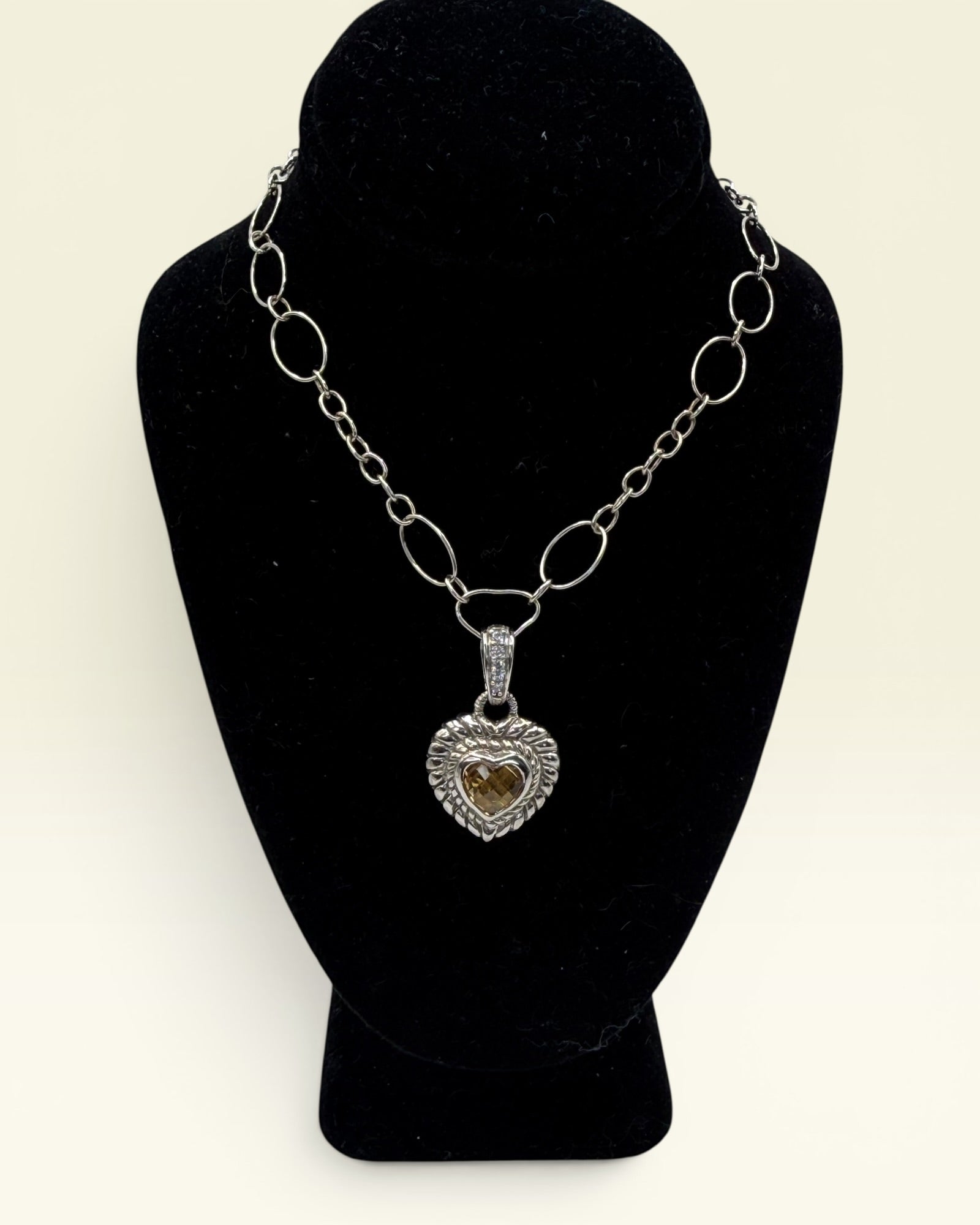 Judith Ripka Sterling Silver 925 Texture Link with Large Citrine Heart Pendant - Estate Sale (Great Condition)