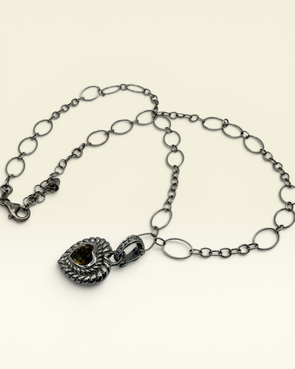 Judith Ripka Sterling Silver 925 Texture Link with Large Citrine Heart Pendant - Estate Sale (Great Condition)