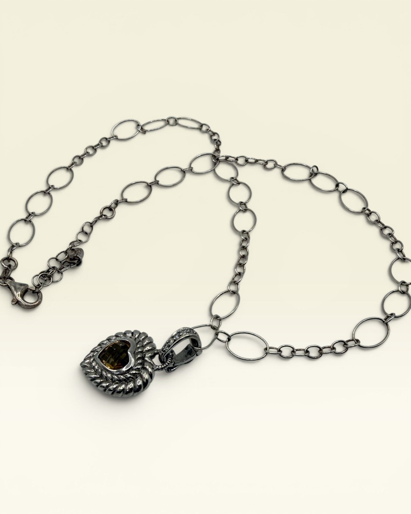 Judith Ripka Sterling Silver 925 Texture Link with Large Citrine Heart Pendant - Estate Sale (Great Condition)