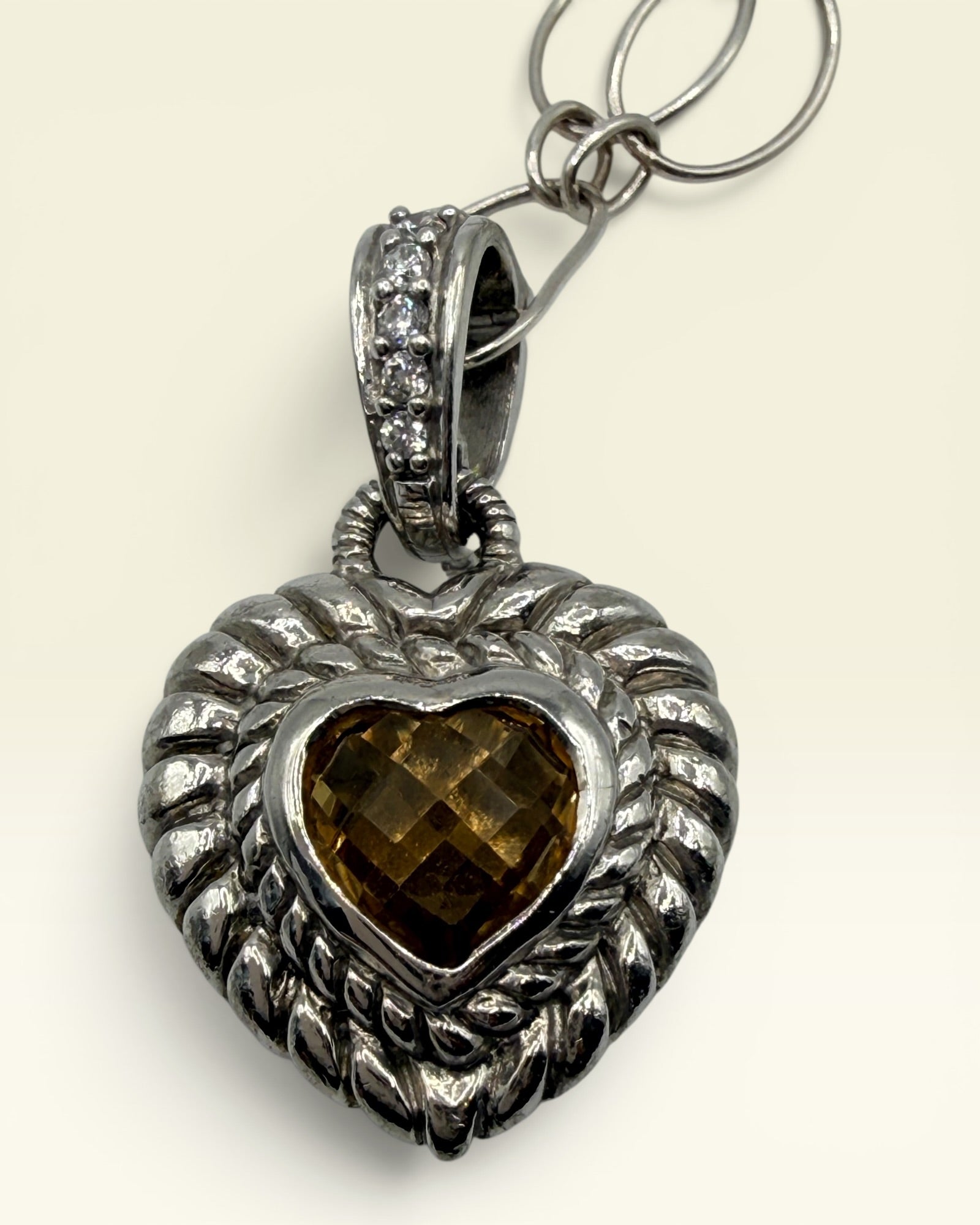 Judith Ripka Sterling Silver 925 Texture Link with Large Citrine Heart Pendant - Estate Sale (Great Condition)