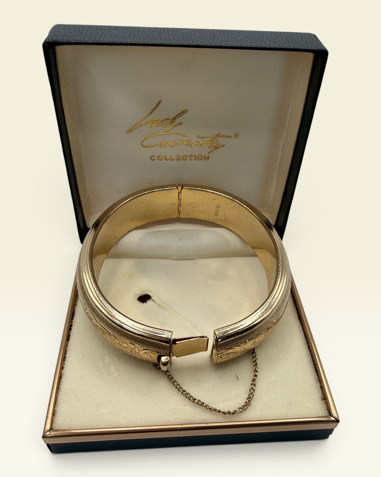 Vintage Lady Coventry Gold Tone Hinged Bangle Bracelet Floral Etched Safety Chain - Estate Sale (Great Condition)