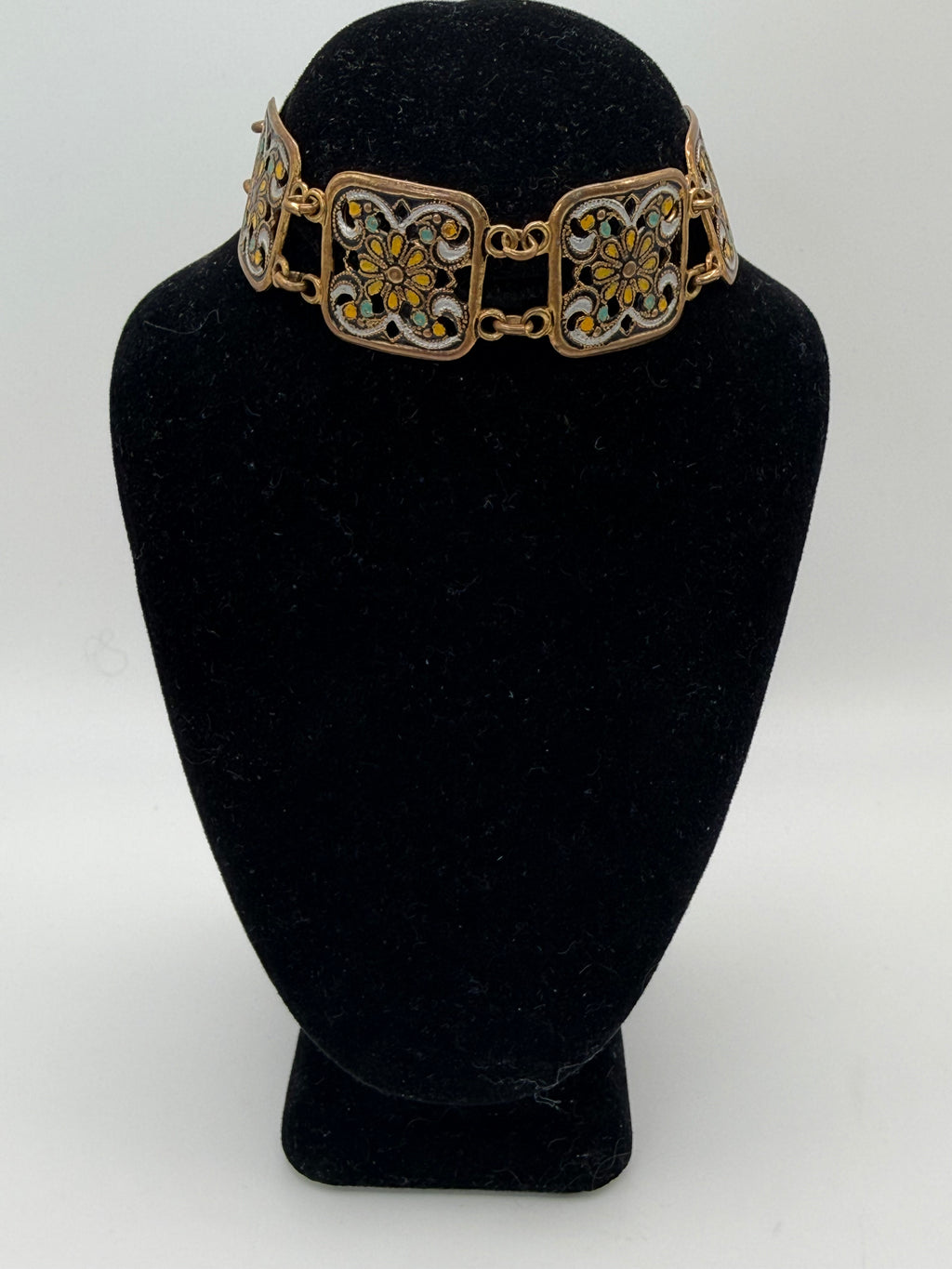 Vintage Gold Tone Enamel Panel Bracelet | Ornate Filigree Floral Link Bracelet | Boho Mediterranean Style - Pre-Loved