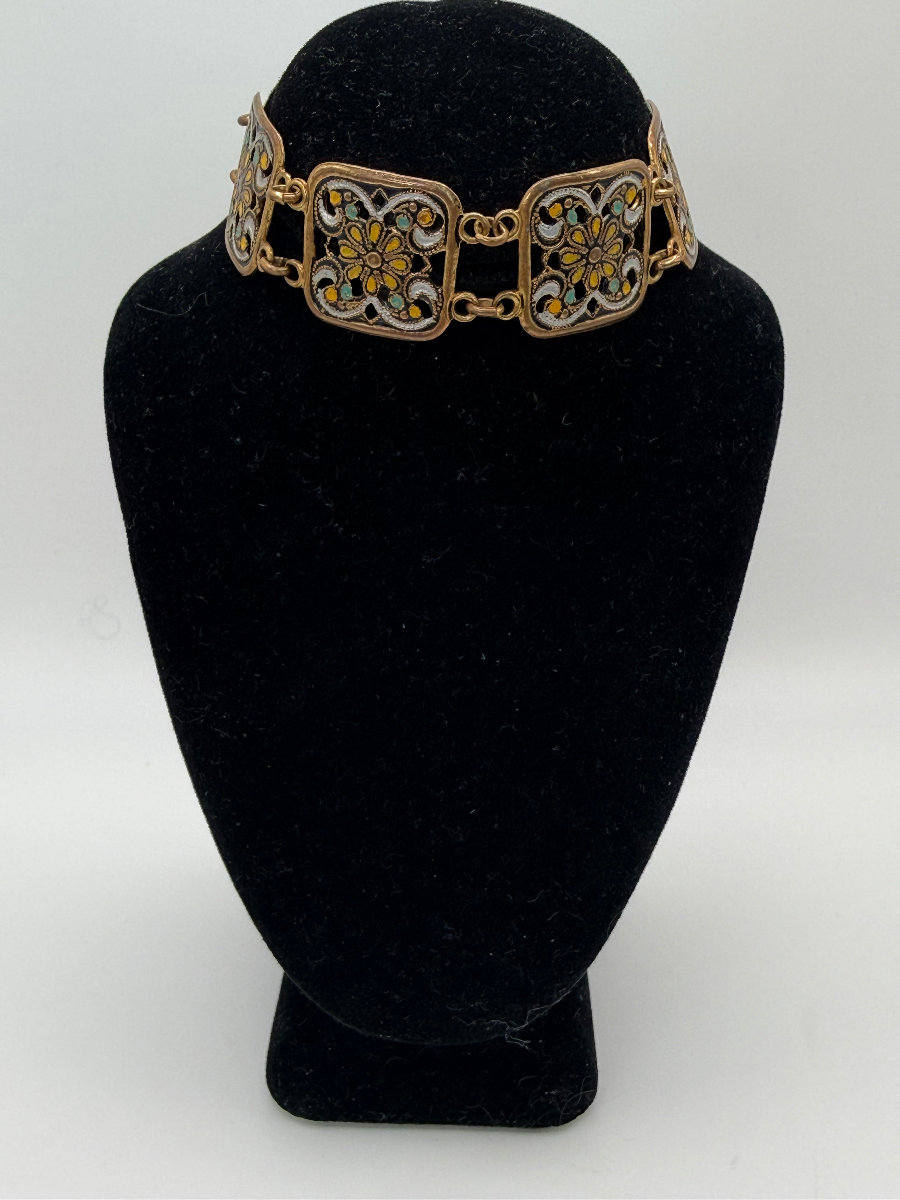 Vintage Gold Tone Enamel Panel Bracelet | Ornate Filigree Floral Link Bracelet | Boho Mediterranean Style - Estate Sale ( Great Condition)