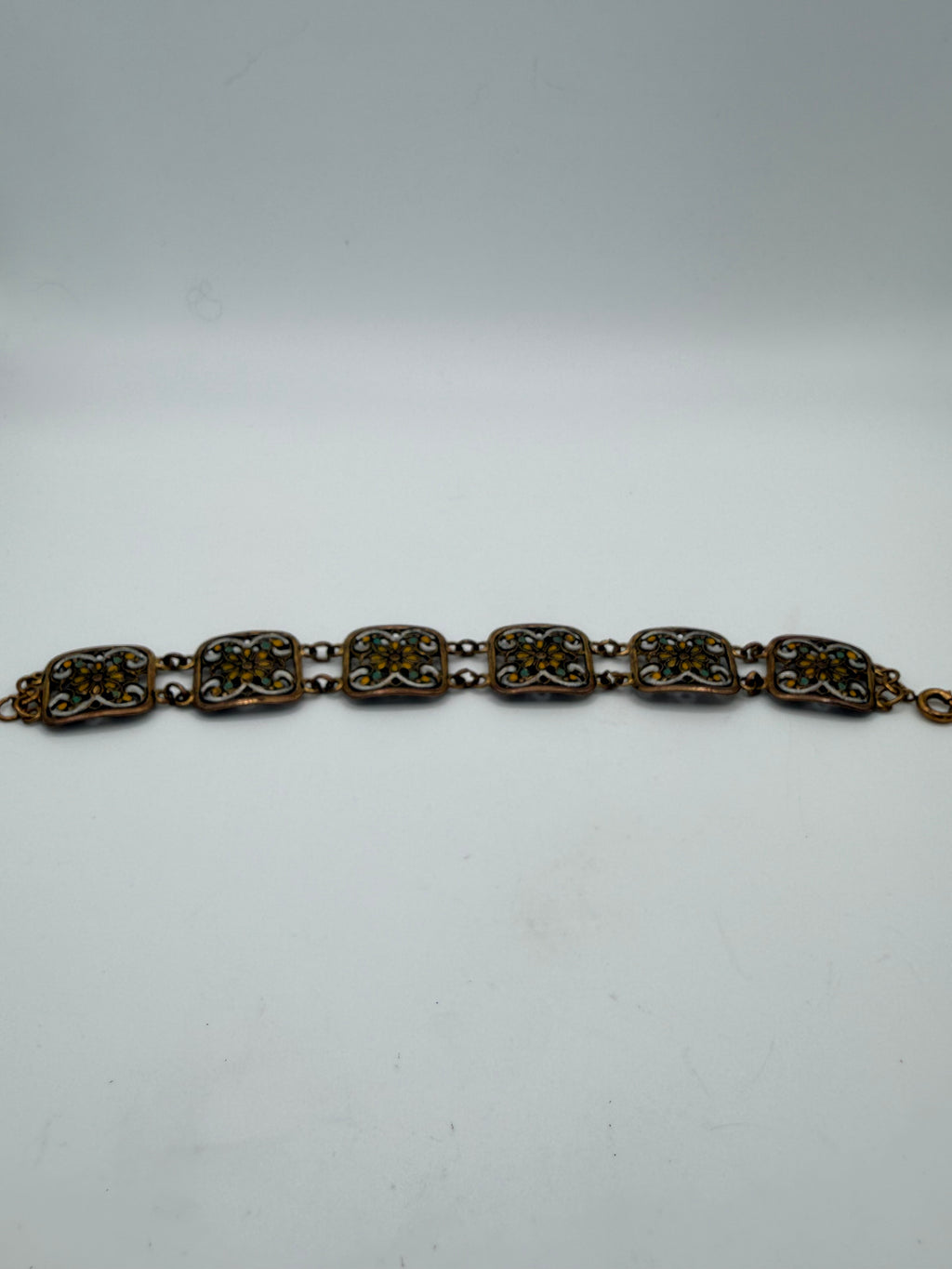 Vintage Gold Tone Enamel Panel Bracelet | Ornate Filigree Floral Link Bracelet | Boho Mediterranean Style - Pre-Loved