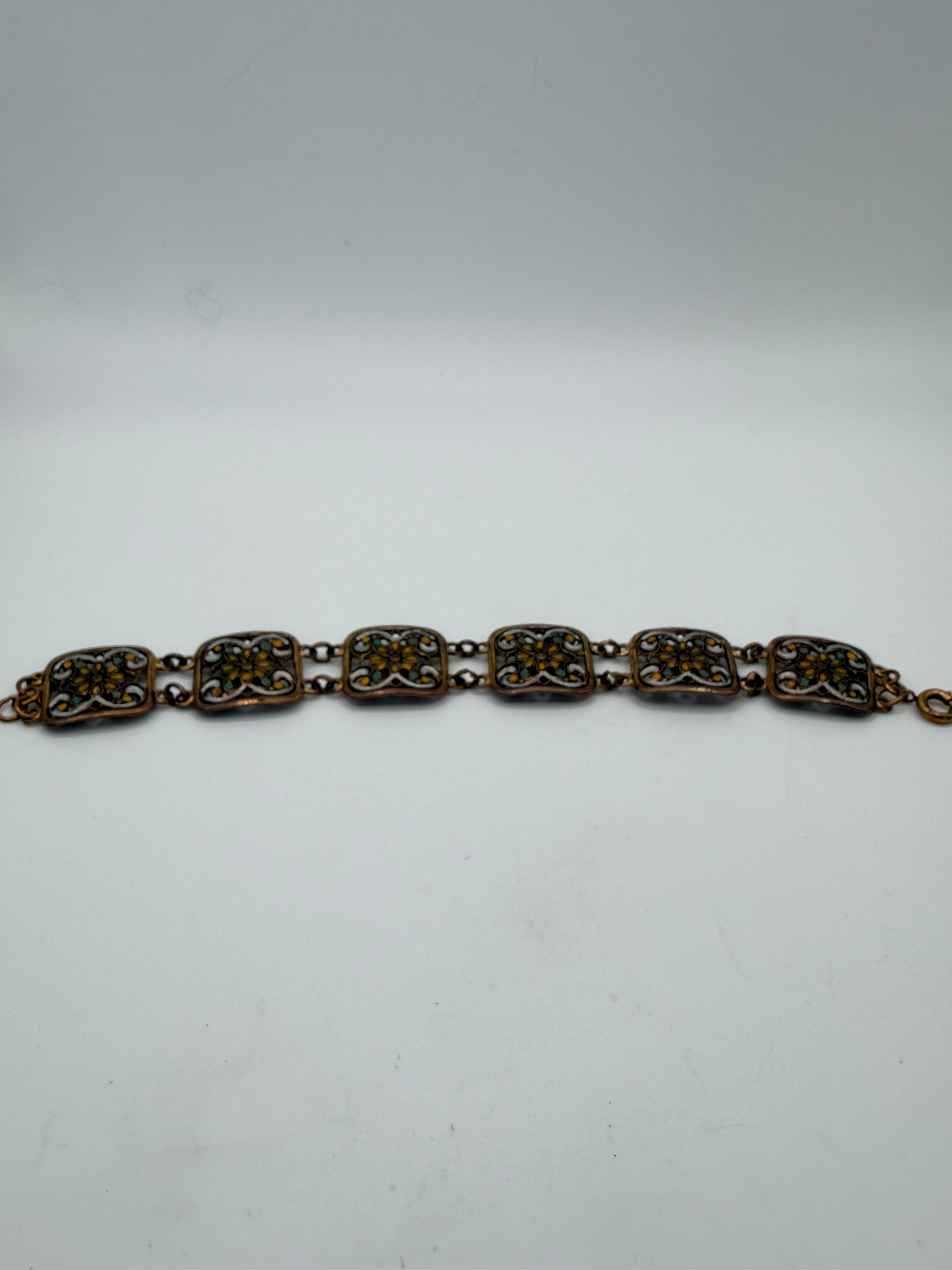 Vintage Gold Tone Enamel Panel Bracelet | Ornate Filigree Floral Link Bracelet | Boho Mediterranean Style - Estate Sale ( Great Condition)