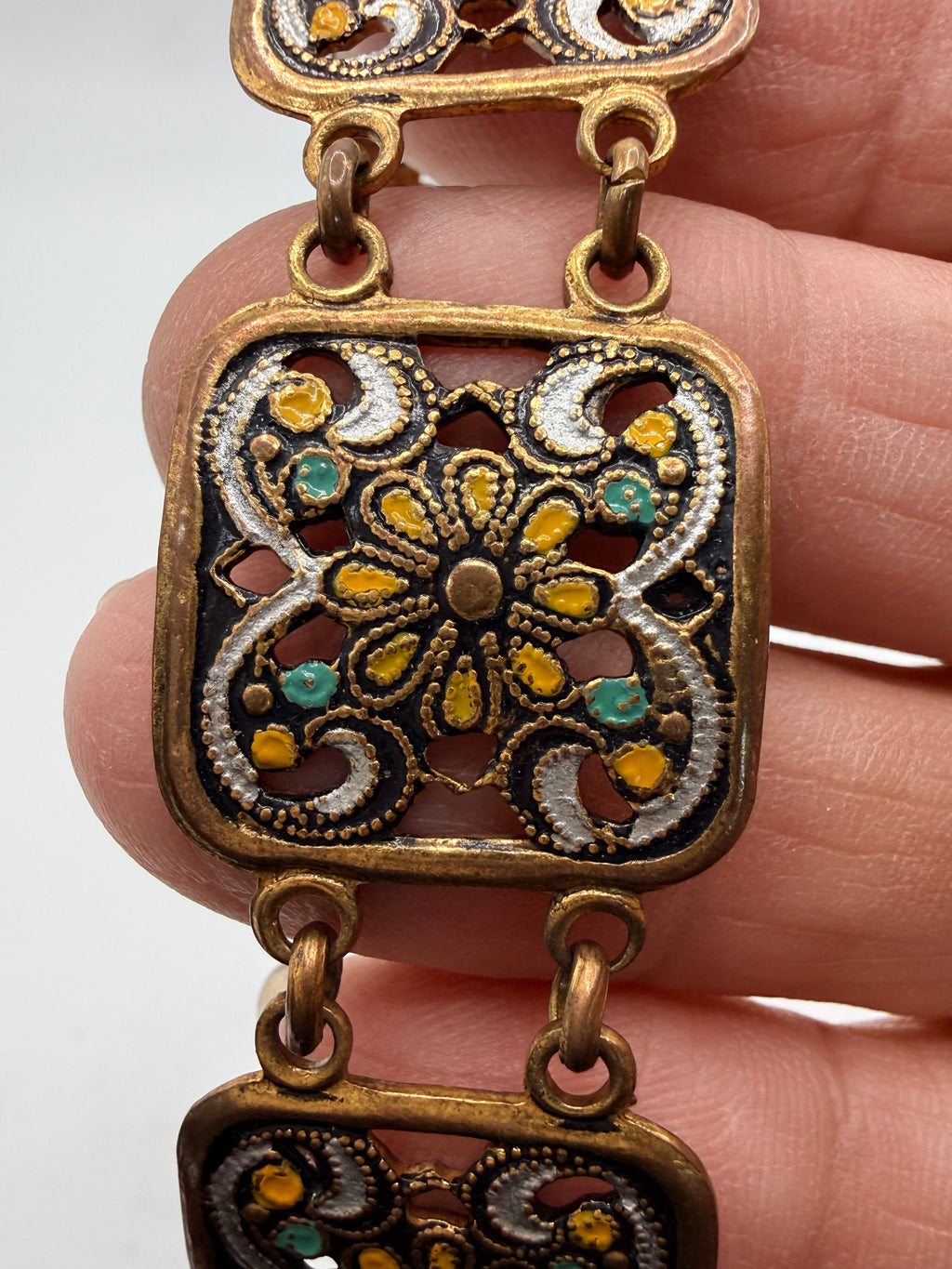 Vintage Gold Tone Enamel Panel Bracelet | Ornate Filigree Floral Link Bracelet | Boho Mediterranean Style - Pre-Loved