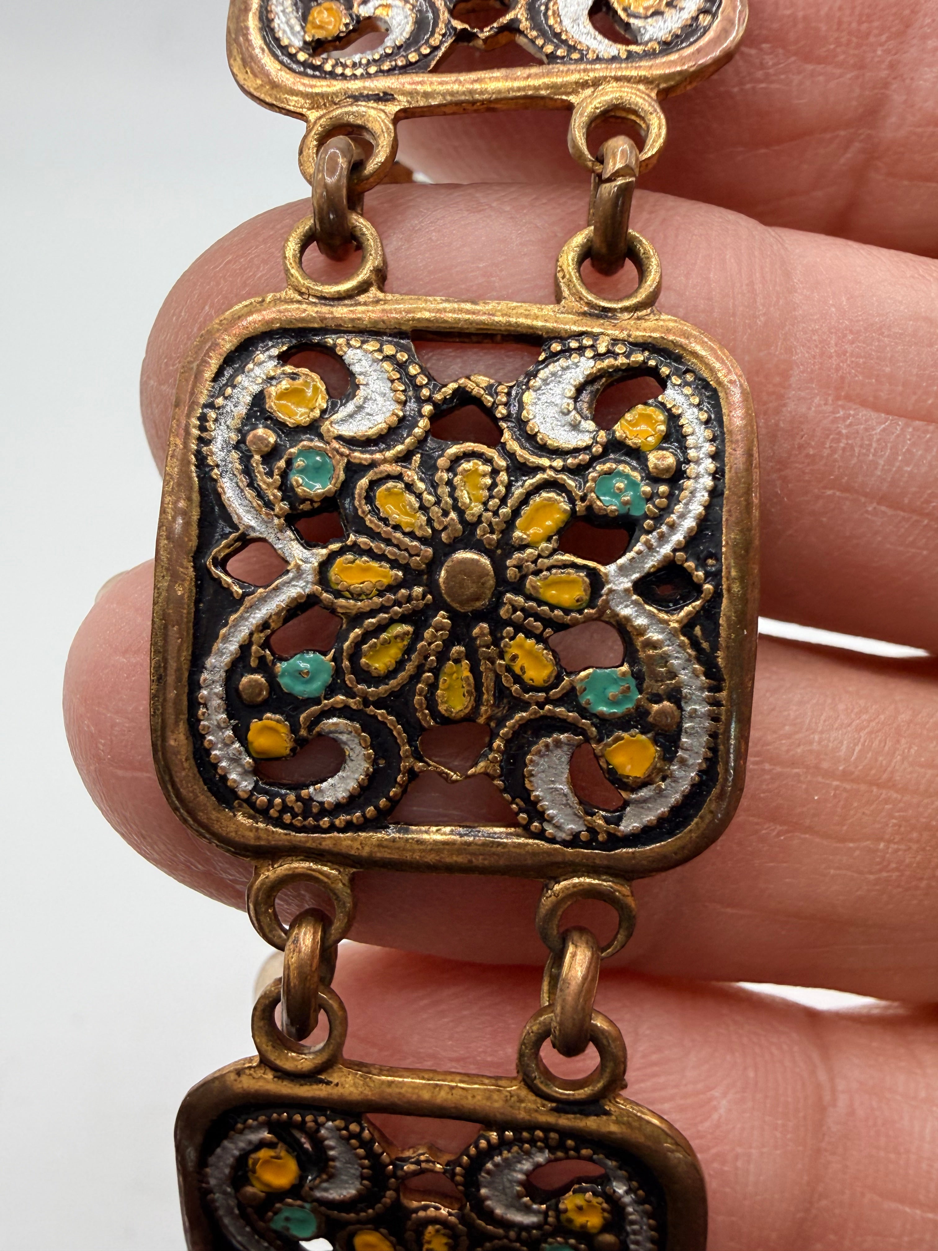 Vintage Gold Tone Enamel Panel Bracelet | Ornate Filigree Floral Link Bracelet | Boho Mediterranean Style - Estate Sale ( Great Condition)