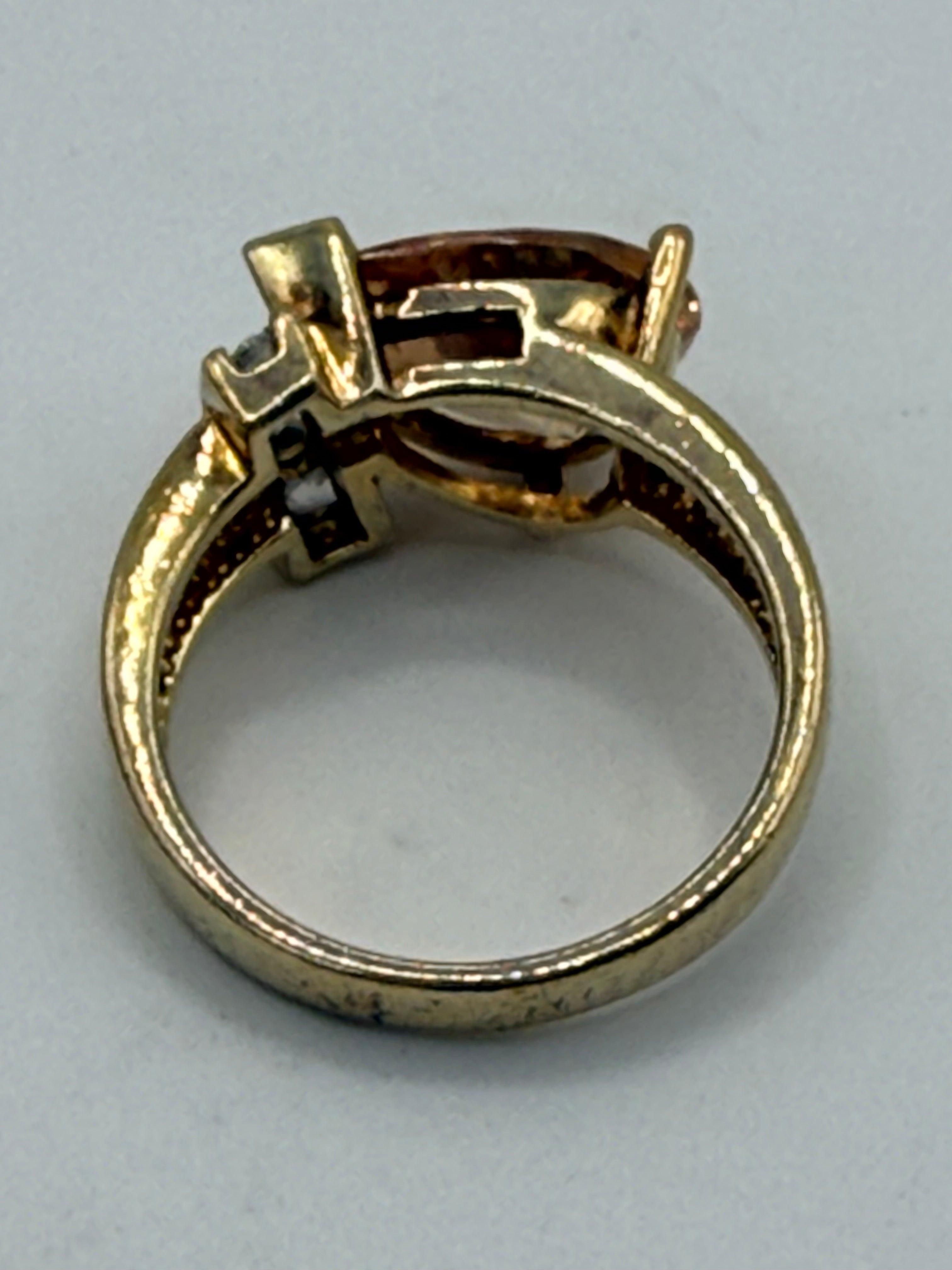 Champagne Pear Cut Cocktail Ring | Gold Tone Statement Ring with CZ Accents | Vintage Glam Jewelry - Estate Sale - Great Condition