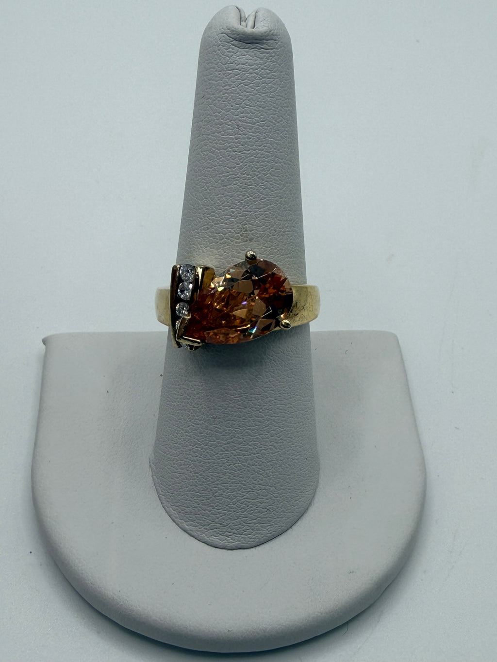 Champagne Pear Cut Cocktail Ring | Gold Tone Statement Ring with CZ Accents | Vintage Glam Jewelry - Estate Sale - Great Condition