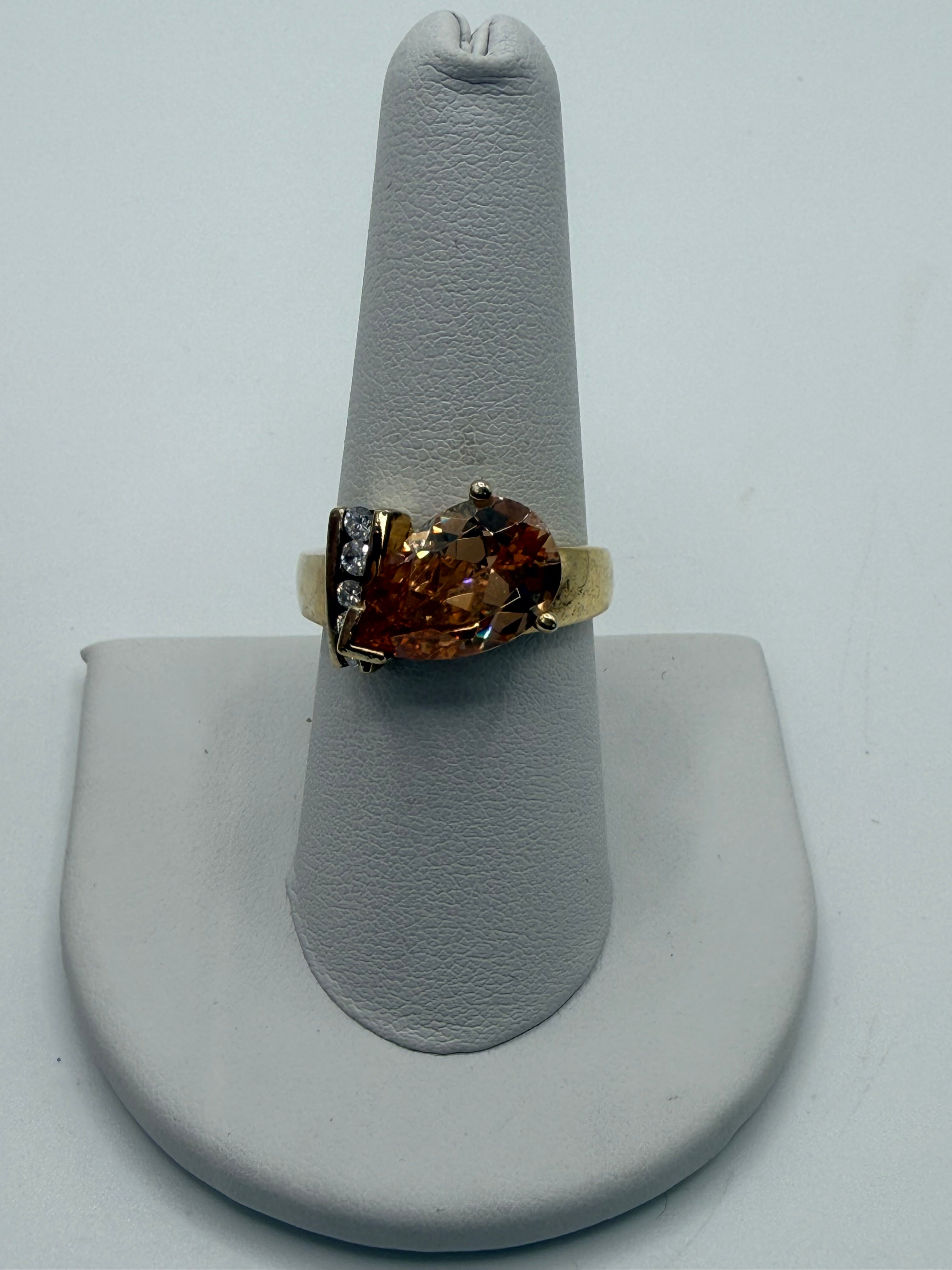 Champagne Pear Cut Cocktail Ring | Gold Tone Statement Ring with CZ Accents | Vintage Glam Jewelry - Estate Sale - Great Condition
