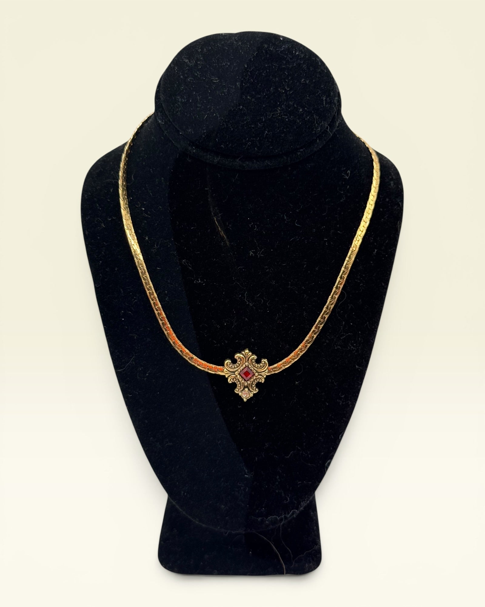 Vintage Avon Victorian Revival Necklace | Ruby Red Rhinestone Pendant | Gold Tone 18k GE Costume Jewelry - Estate Sale (Great Condition)