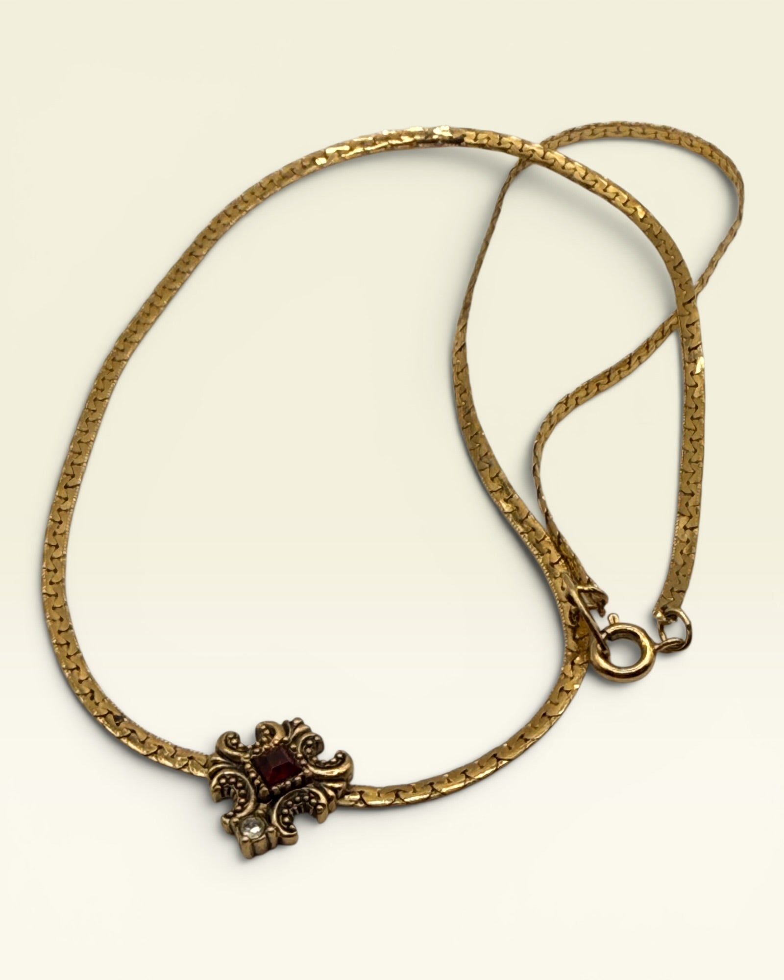 Vintage Avon Victorian Revival Necklace | Ruby Red Rhinestone Pendant | Gold Tone 18k GE Costume Jewelry - Estate Sale (Great Condition)