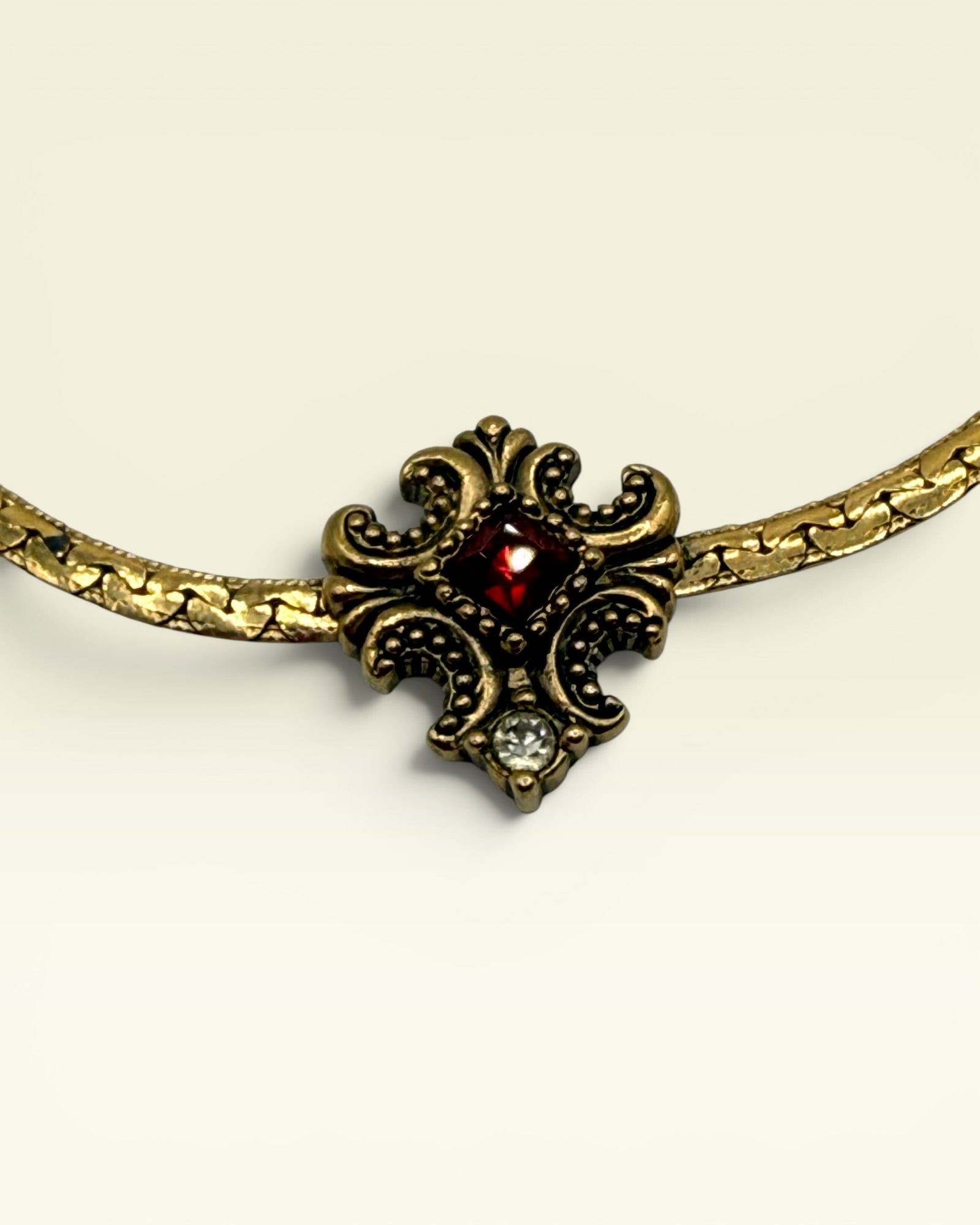 Vintage Avon Victorian Revival Necklace | Ruby Red Rhinestone Pendant | Gold Tone 18k GE Costume Jewelry - Estate Sale (Great Condition)