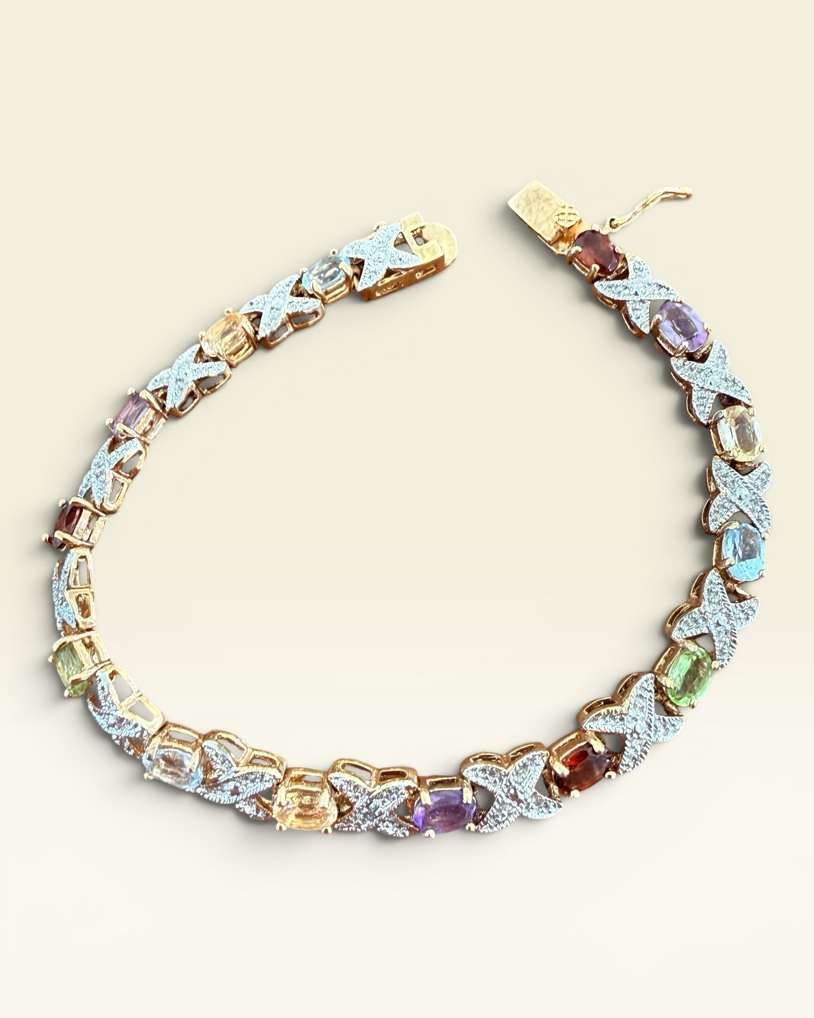 Gold Vermeil Sterling Silver Natural Multi Gemstone Tennis Bracelet - Estate Sale (Great Condition)