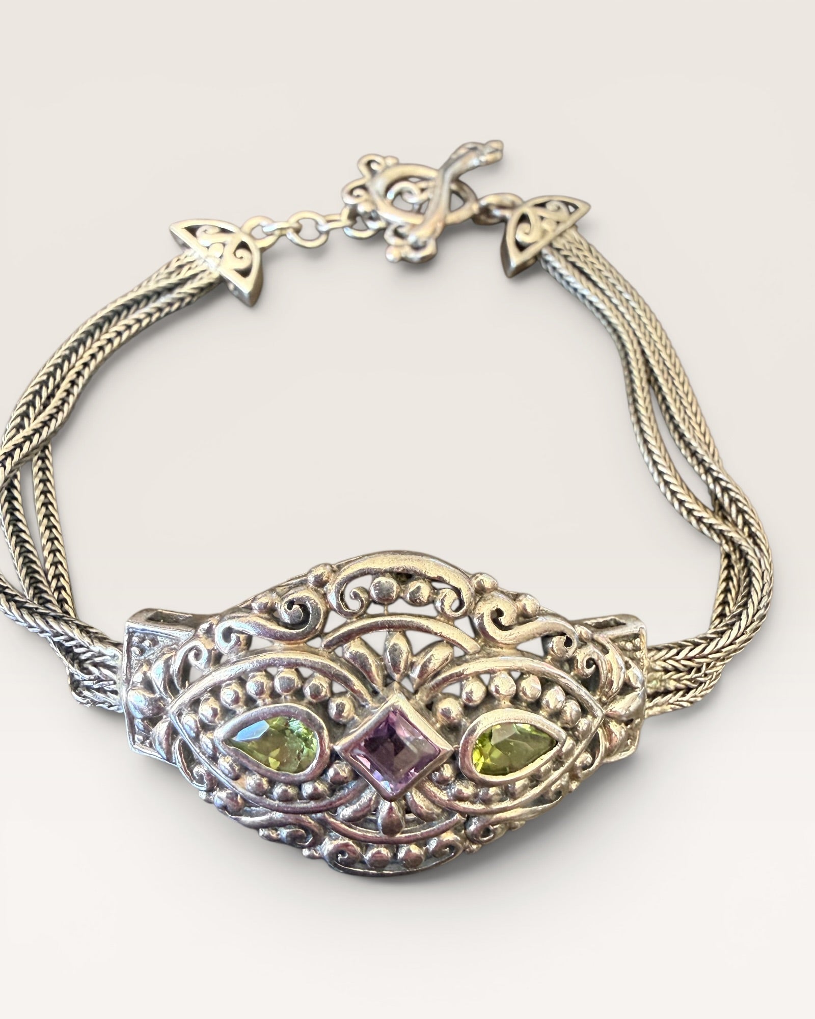 Amethyst and Peridot Sterling Silver Bracelet - Estate Sale (Great Condition)