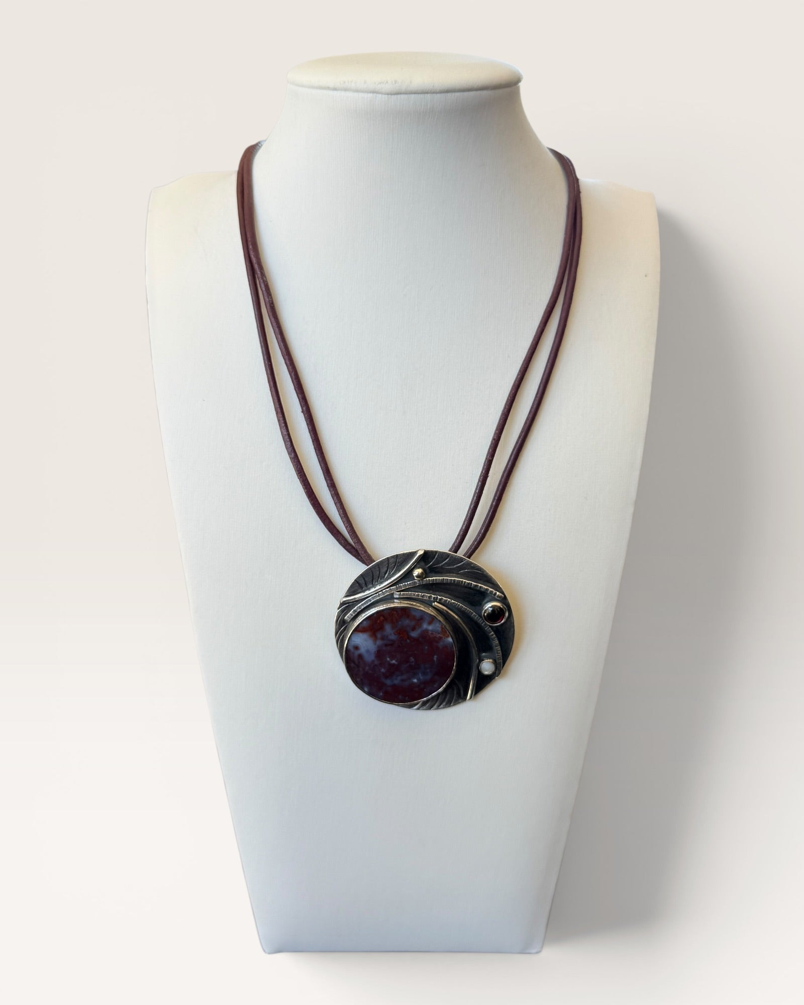 Regina Marie Sterling Silver Red Dendritic Agate, Garnet & Moonstone Necklace - Estate Sale (Great Condition)