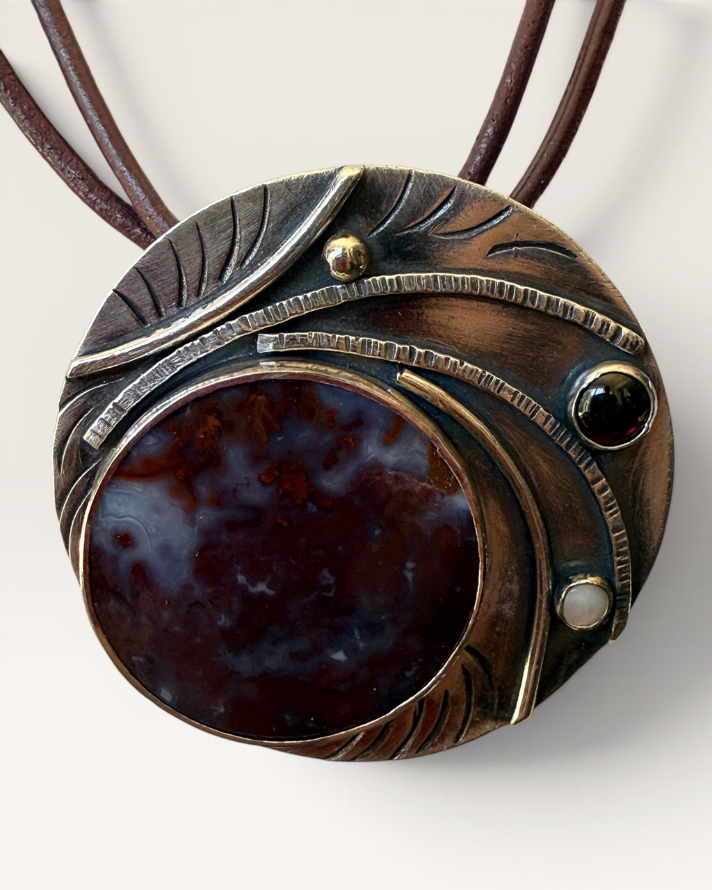 Regina Marie Sterling Silver Red Dendritic Agate, Garnet & Moonstone Necklace - Estate Sale (Great Condition)