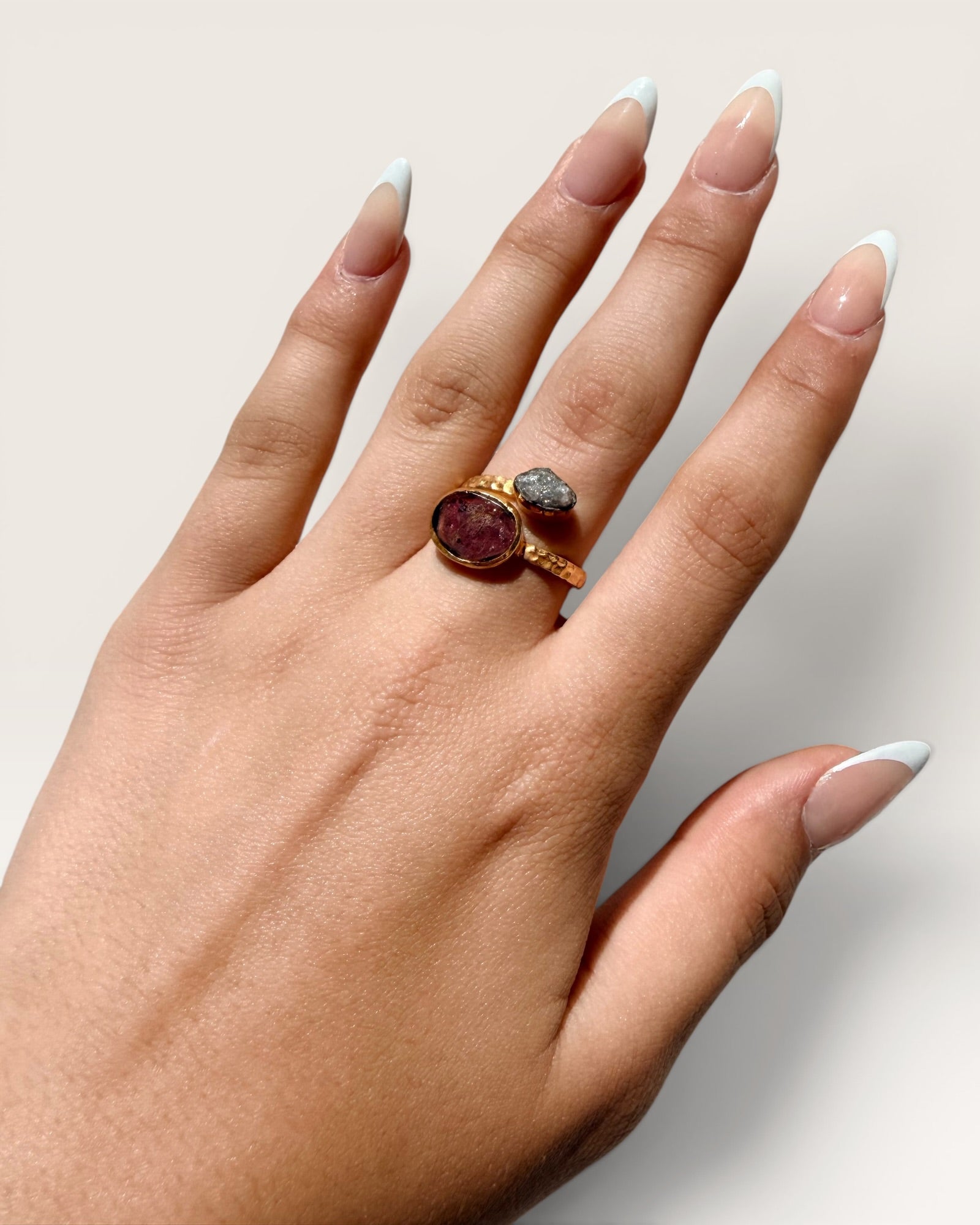 18k Gold Vermeil Over Sterling Silver with Watermelon Tourmaline and Natural Raw Diamond Gemstone Ring - Estate Sale (Great Condition)