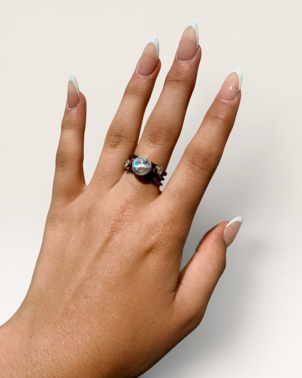 Gold Over Sterling Silver Moonstone & Natural Diamonds Gemstone Ring - Estate Sale (Great Condition)