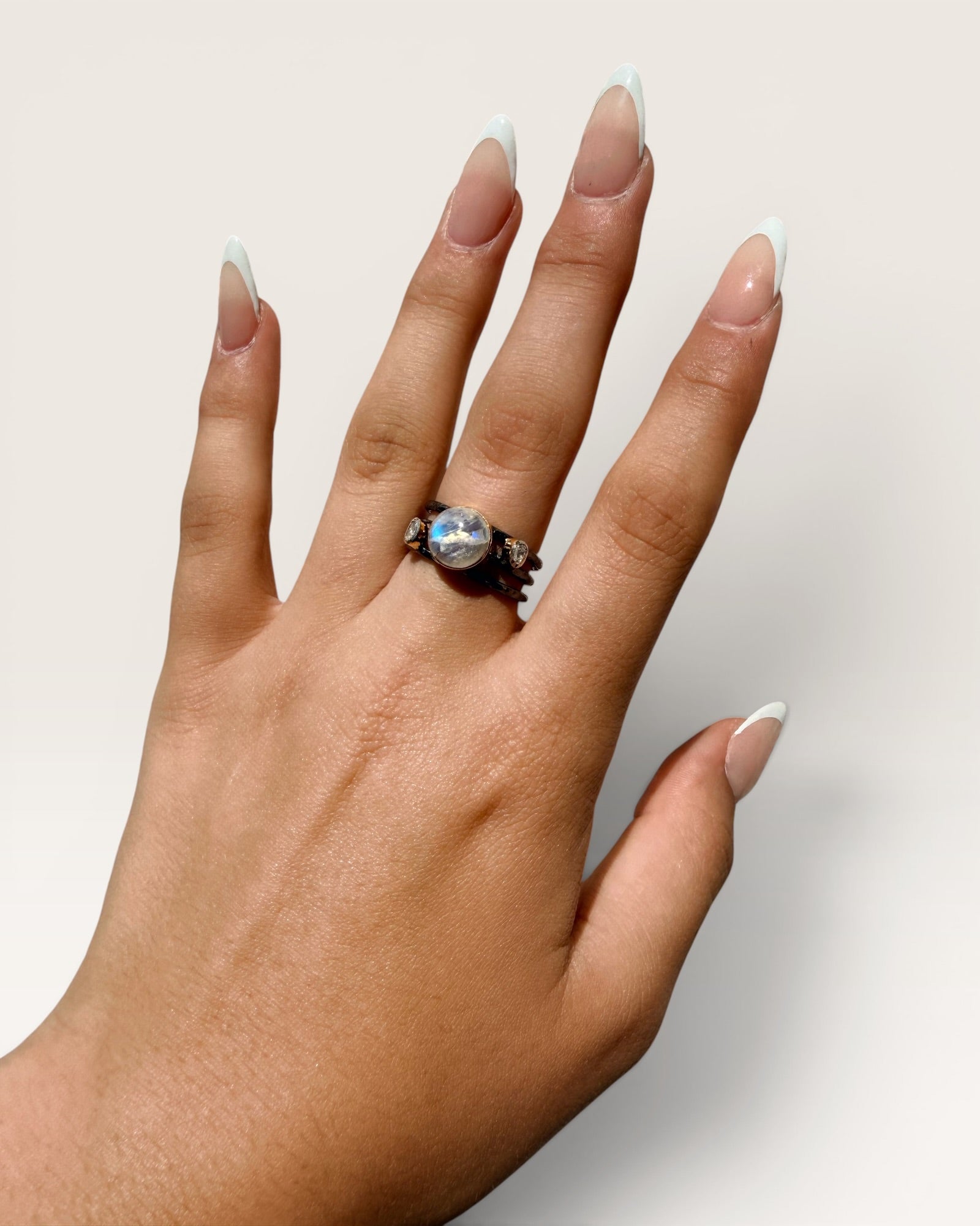 Gold Over Sterling Silver Moonstone & Natural Diamonds Gemstone Ring - Estate Sale (Great Condition)