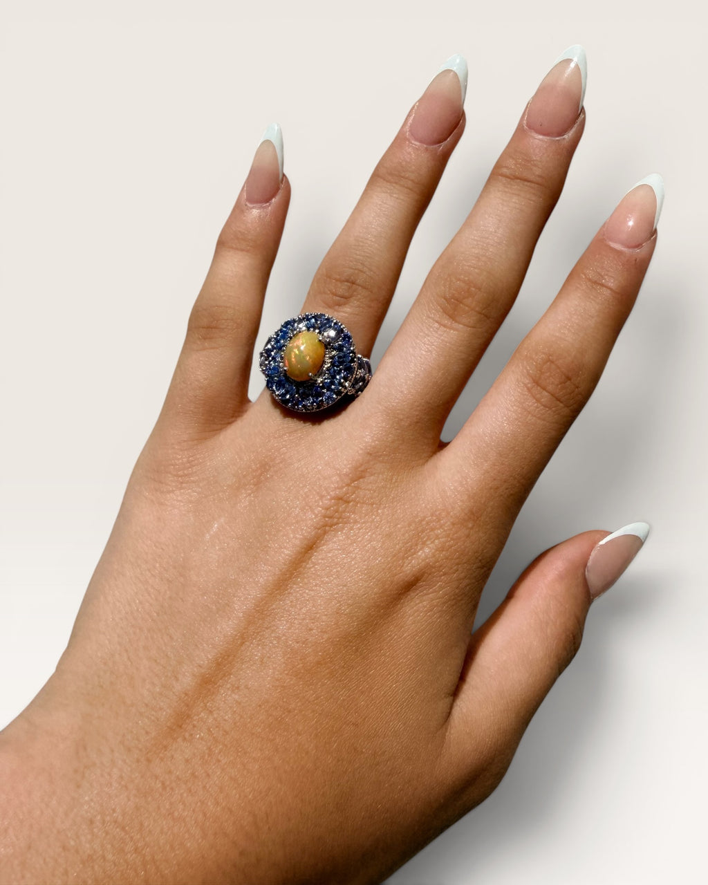 Ethiopian Opal Cabochon and Tanzanite Cluster Ring - Estate Sale (Great Condition)